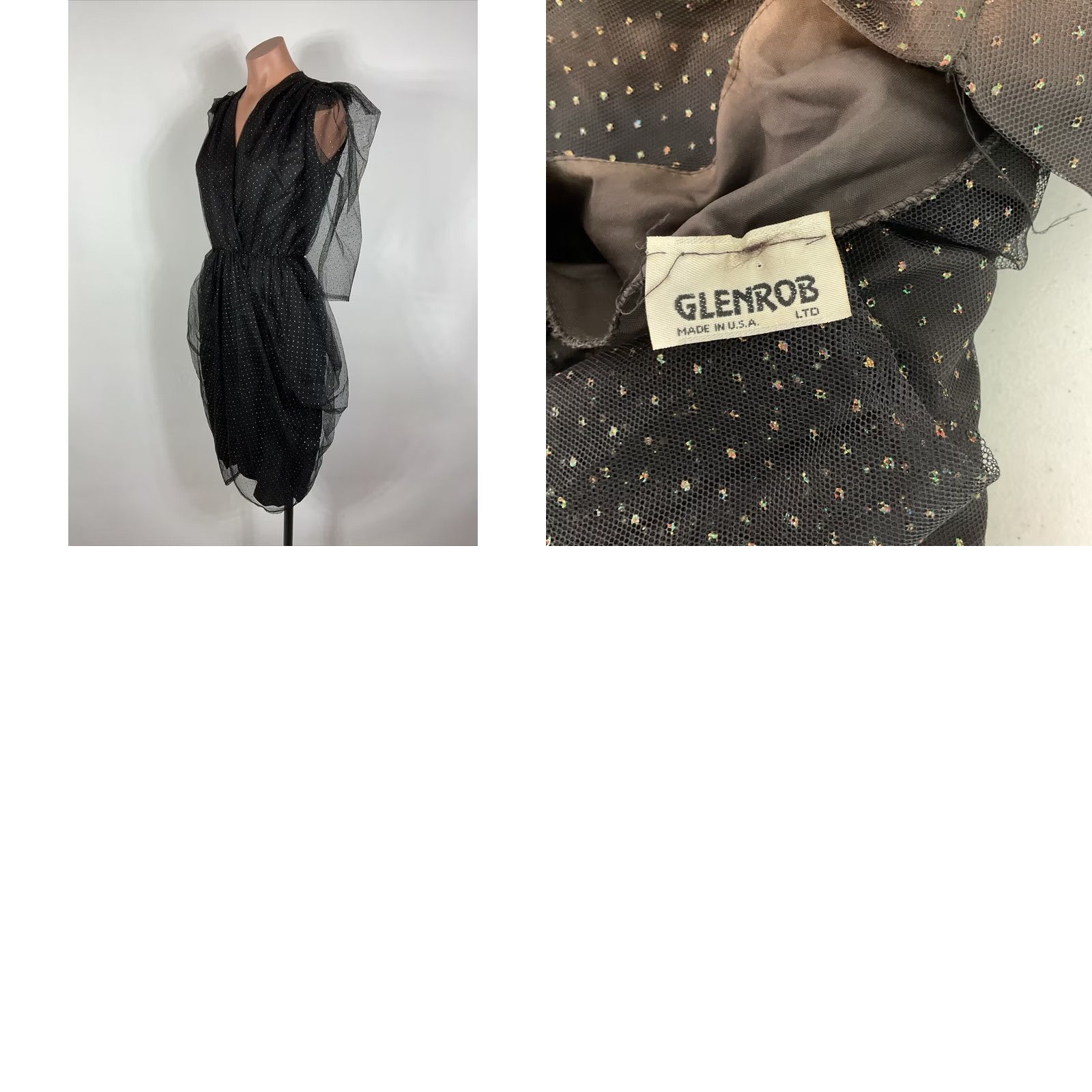 Vintage VINTAGE 80s Tulip Hem Black Glitter Dress Puffy Sleeve Mini Dress S/M Prom Party Glenrob LTD Lamé Glam Rock Womens Size S / US 4 / IT 40 - 8 Thumbnail