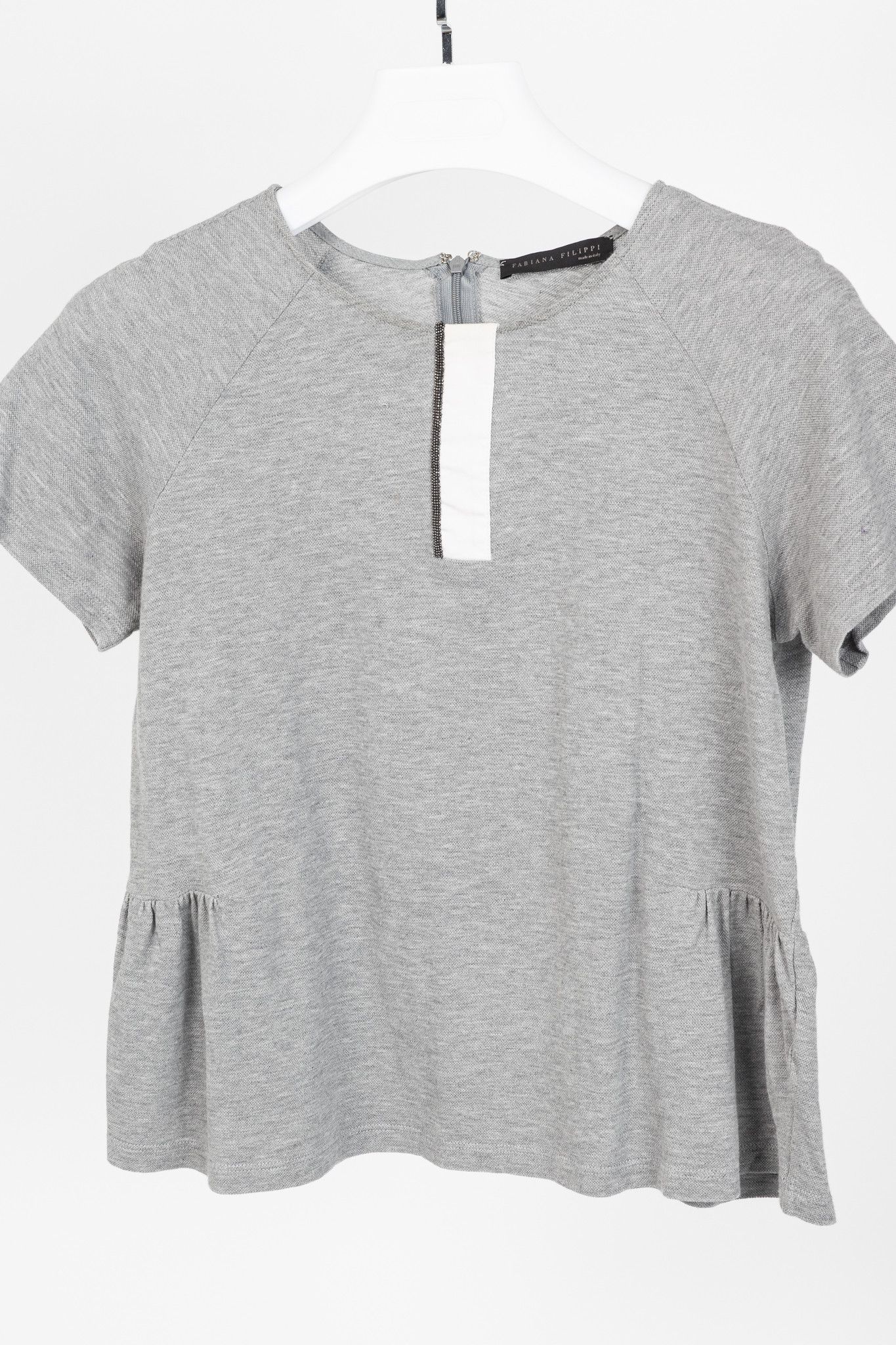 Fabiana Filippi Fabiana Filippi Grey Cotton-Pique Monili Peplum T-Shirt Size S / US 4 / IT 40 - 3 Thumbnail
