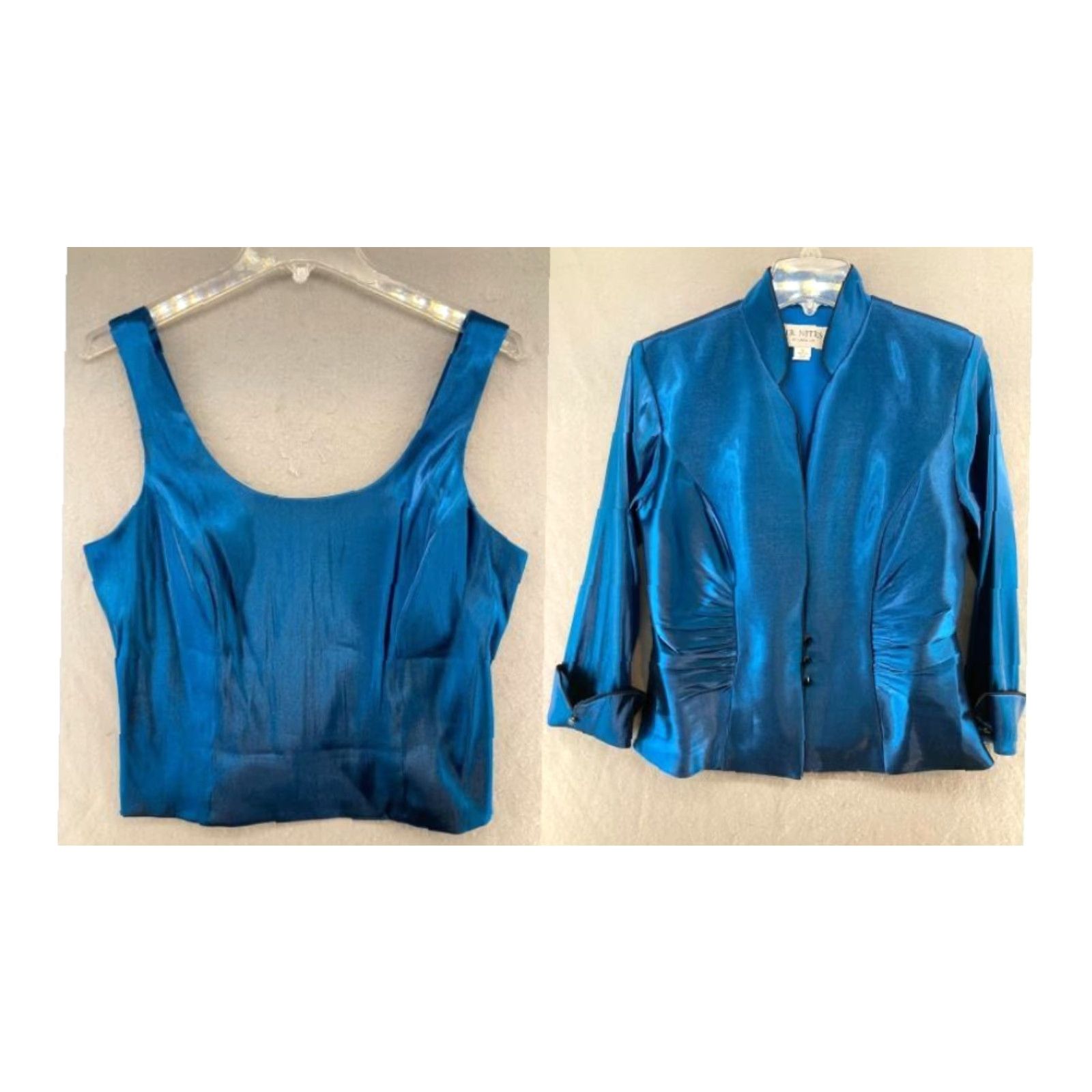 Vintage VINTAGE JR Nites By Carol Lin Womens Shirt Blouse 10 Blue 70s 80s Shoulder Pads Satin Polyester Blend V-Neck Long Sleeve Button Size L / US 10 / IT 46 - 2 Thumbnail