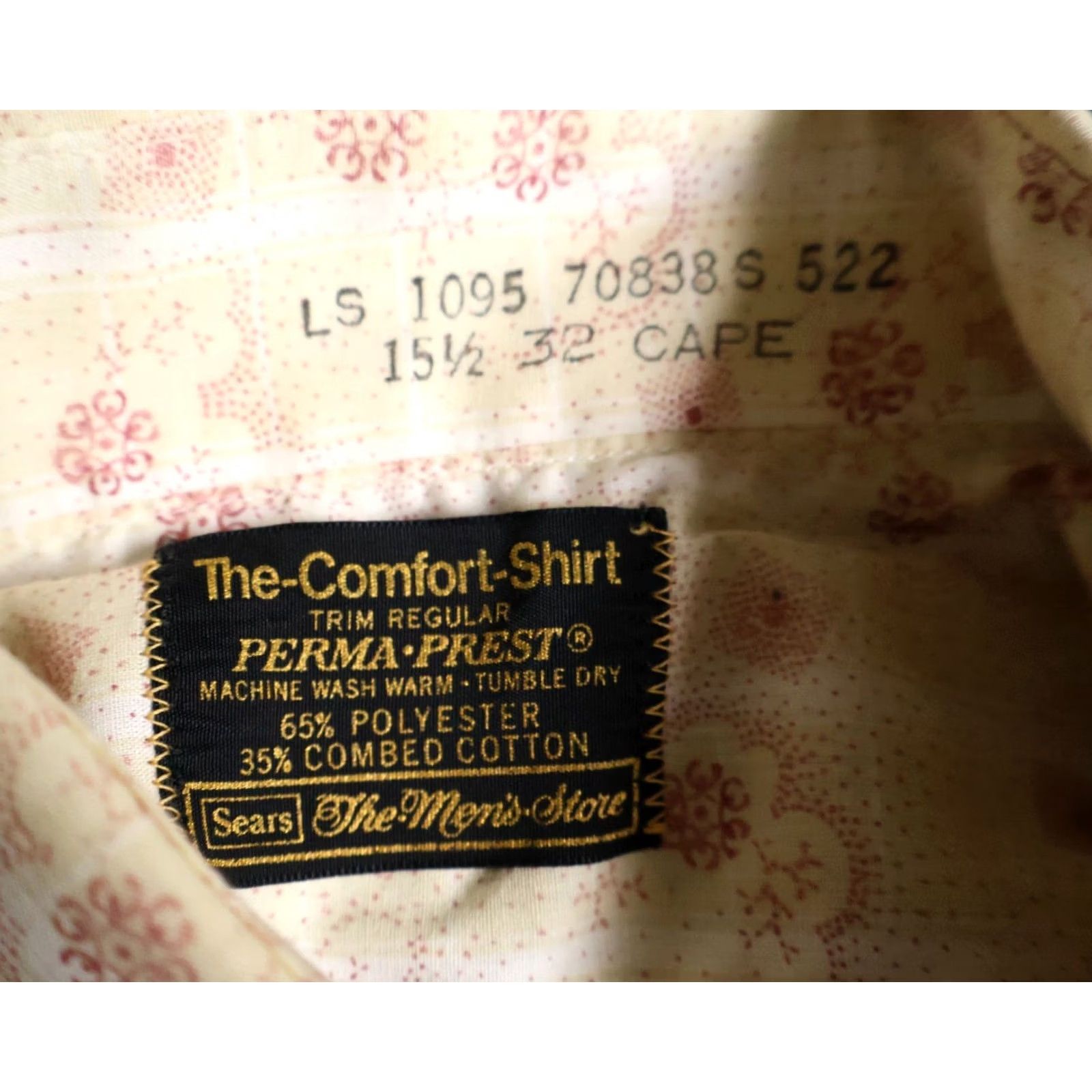 Sears Sears Shirt Geometric 70s / Vintage Medium Large Pale Yellow Red Big Collar Mens Long Sleeve Button-Up Spread Collar VTG Size US M / EU 48-50 / 2 - 3 Thumbnail