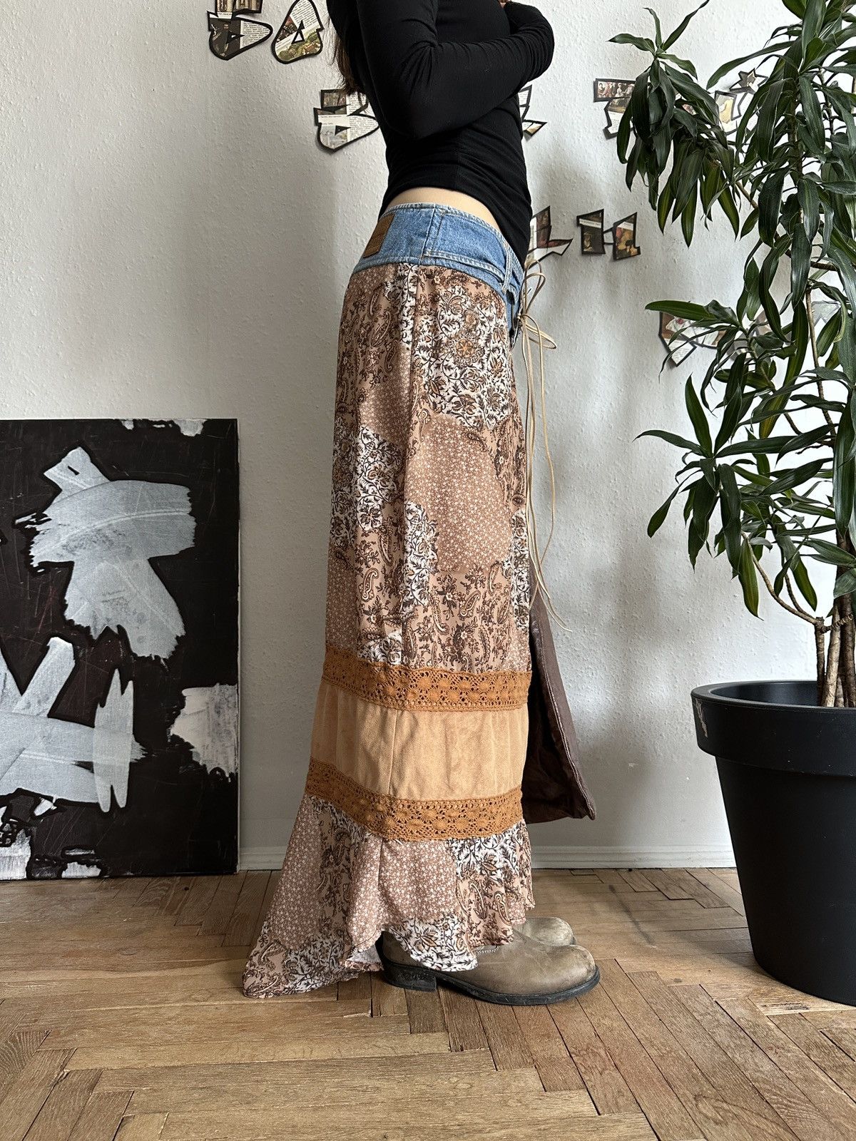 Seditionaries Boho Hippie Western Mixed Fabric Maxi Skirt Size 32" / US 10 / IT 46 - 8 Thumbnail