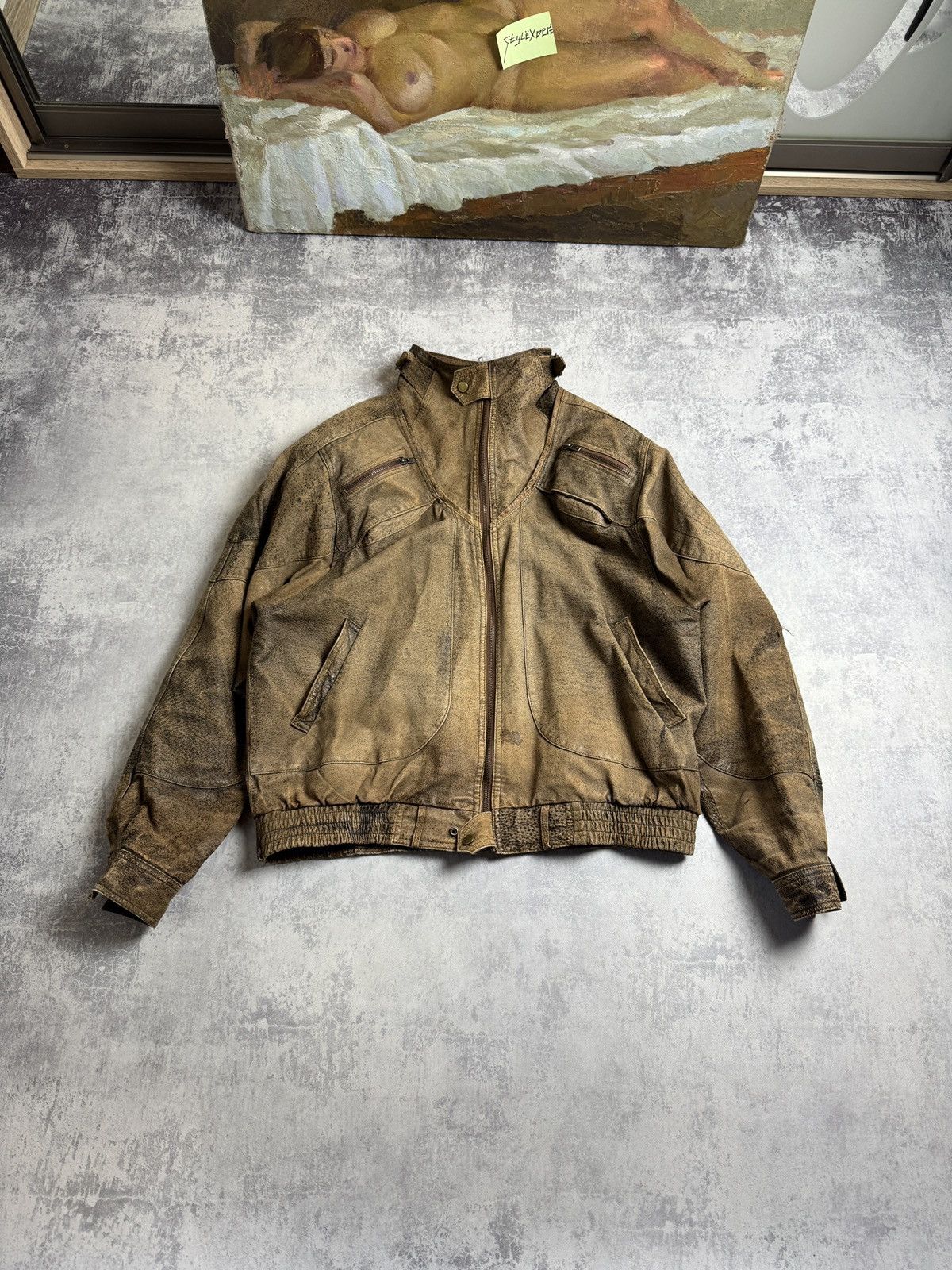90s Vintage Distressed Leather Bomber Y2K Racing Moto Jacket