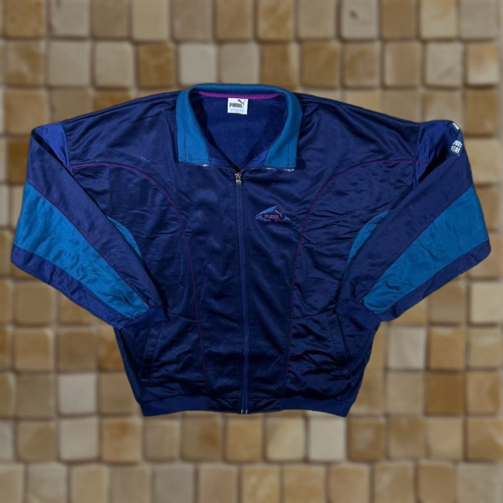 Puma VINTAGE PUMA Embroidered Mini Logo Colour Block Navy Blue Tracksuit Jacket Size US 33 - 1 Thumbnail