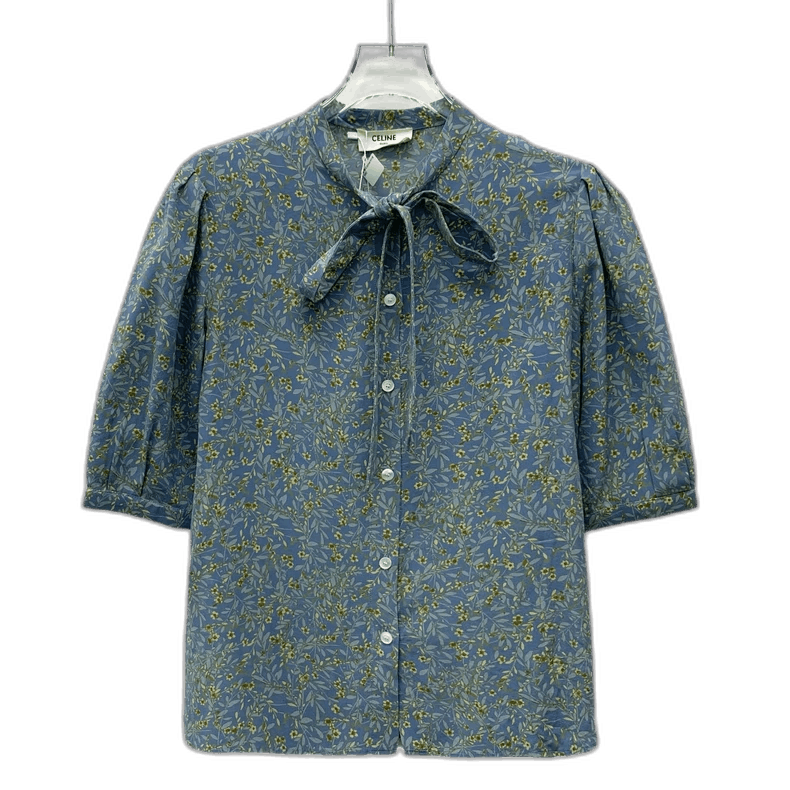 Celine Blue Floral Silk Short Sleeve Shirt Size XS / US 0-2 / IT 36-38 - 1 Thumbnail