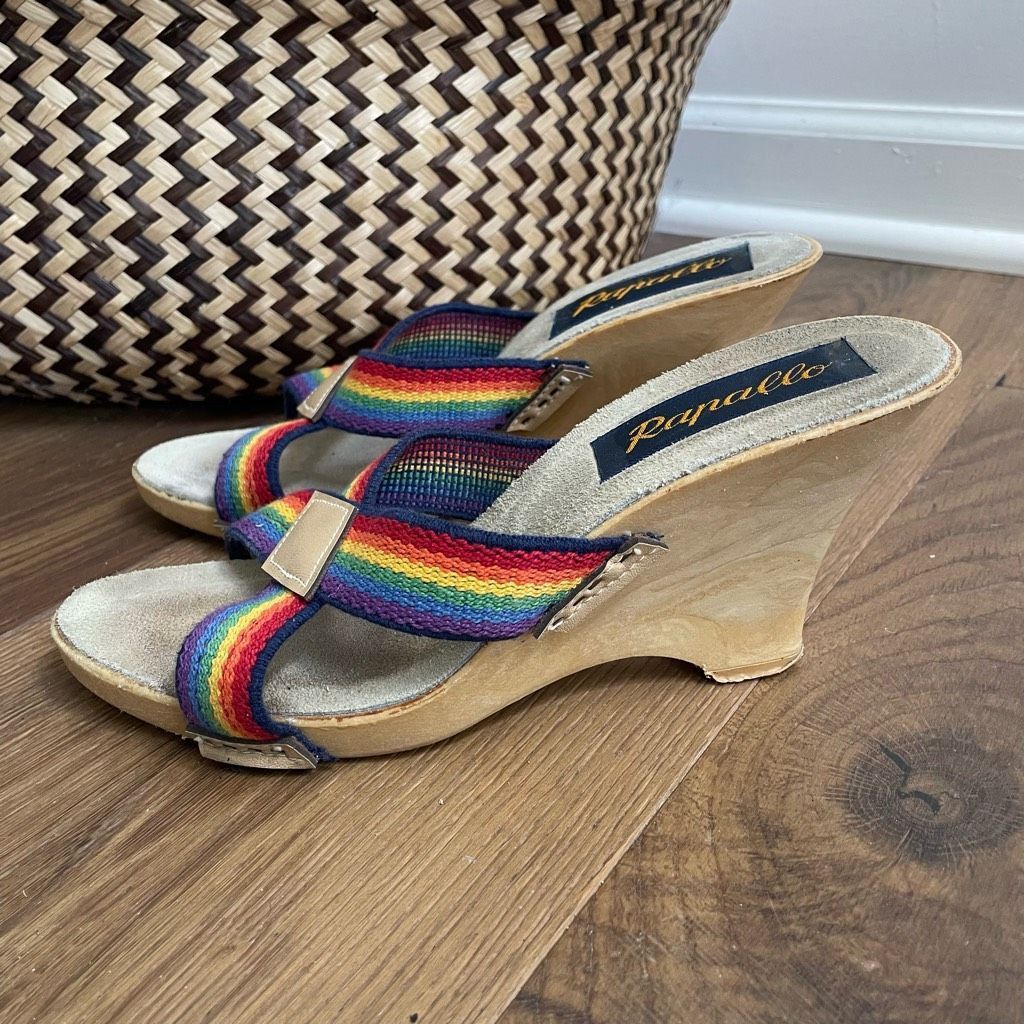 Vintage 70s 80s Rapallo Rainbow Wedge Mules Heels 38
