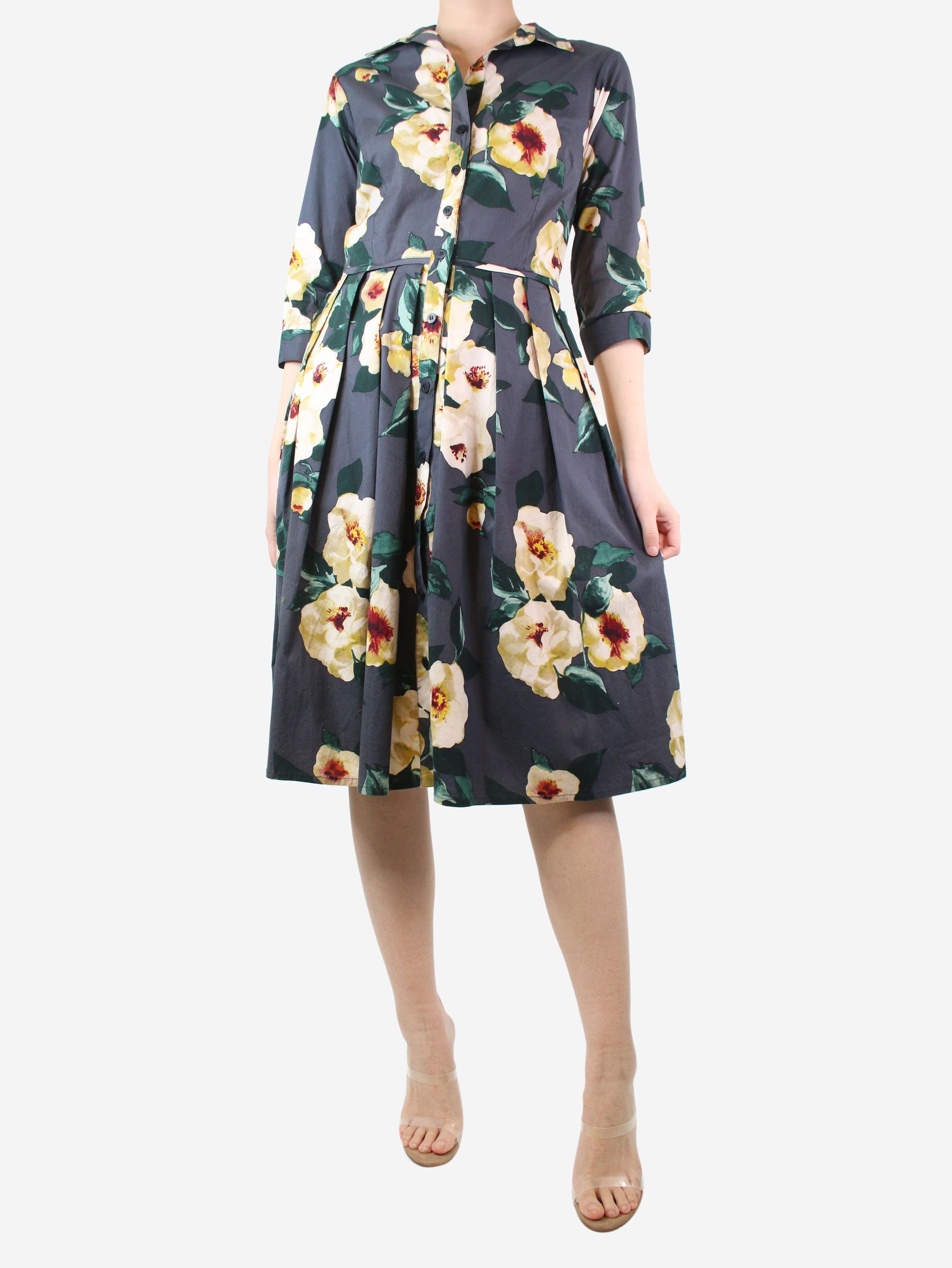 image of Samantha Sung Dark Grey Floral Printed Shirt Dress - Size Uk 10, Women's