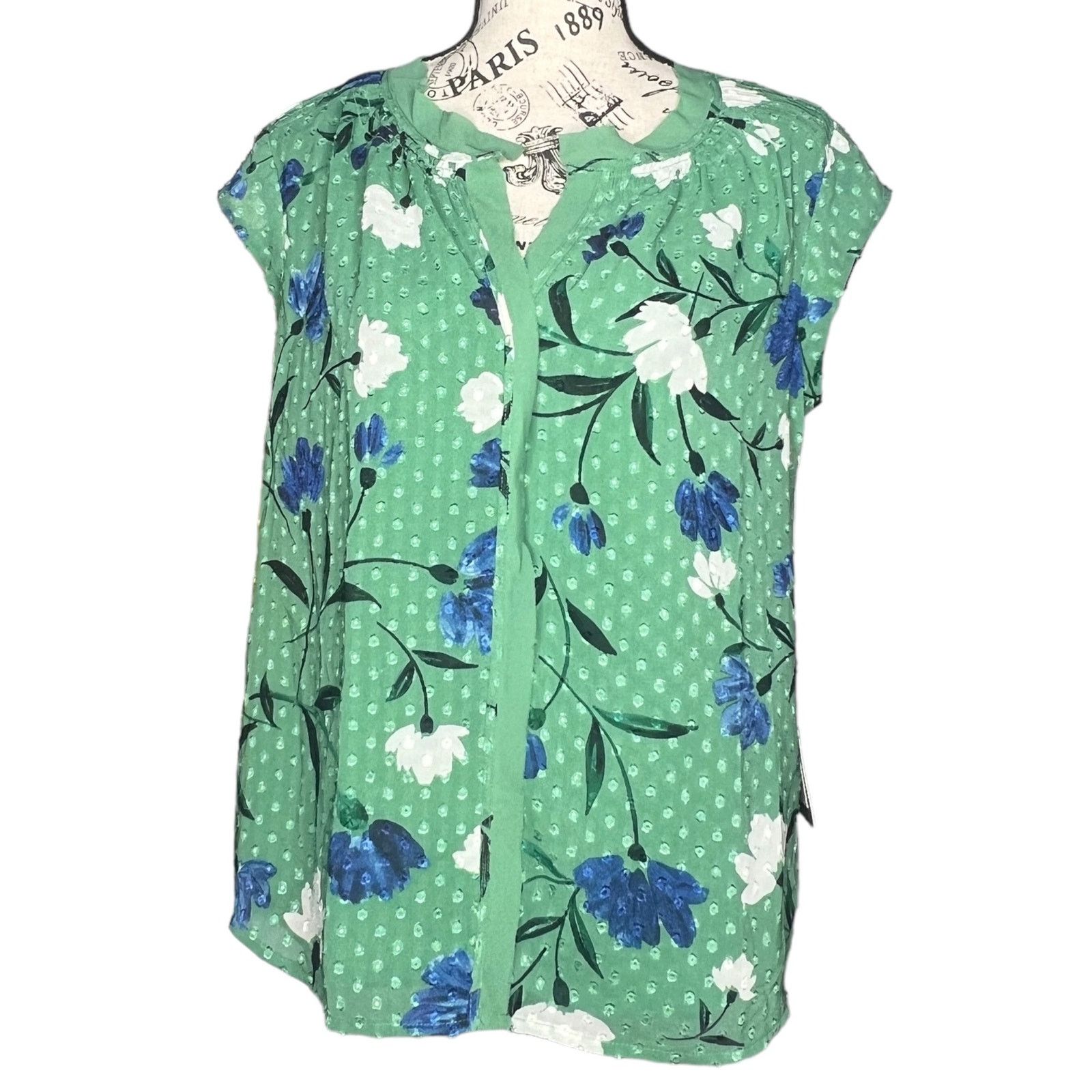 Other Green Raw Collar Blouse - Stitch Fix Fully Lined Floral Top Size S / US 4 / IT 40 - 1 Thumbnail