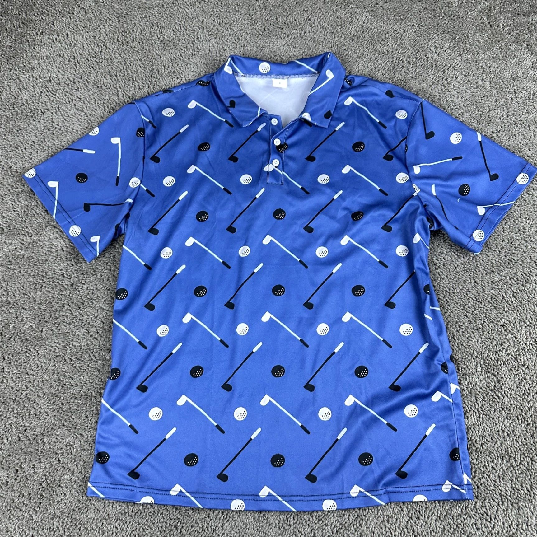 Vintage Golf Polo Shirt Mens Large Blue All Over Print Clubs Balls Novelty Short Sleeve Size US L / EU 52-54 / 3 - 2 Thumbnail