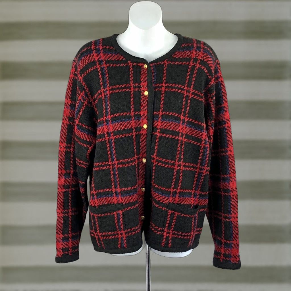 Vintage VINTAGE Liz Baker Cardigan Sweater M Red Plaid Knit Button Up 90s Holiday Academia Women Size L Red Mens Womens Girls Boys Size L / US 10 / IT 46 - 1 Thumbnail