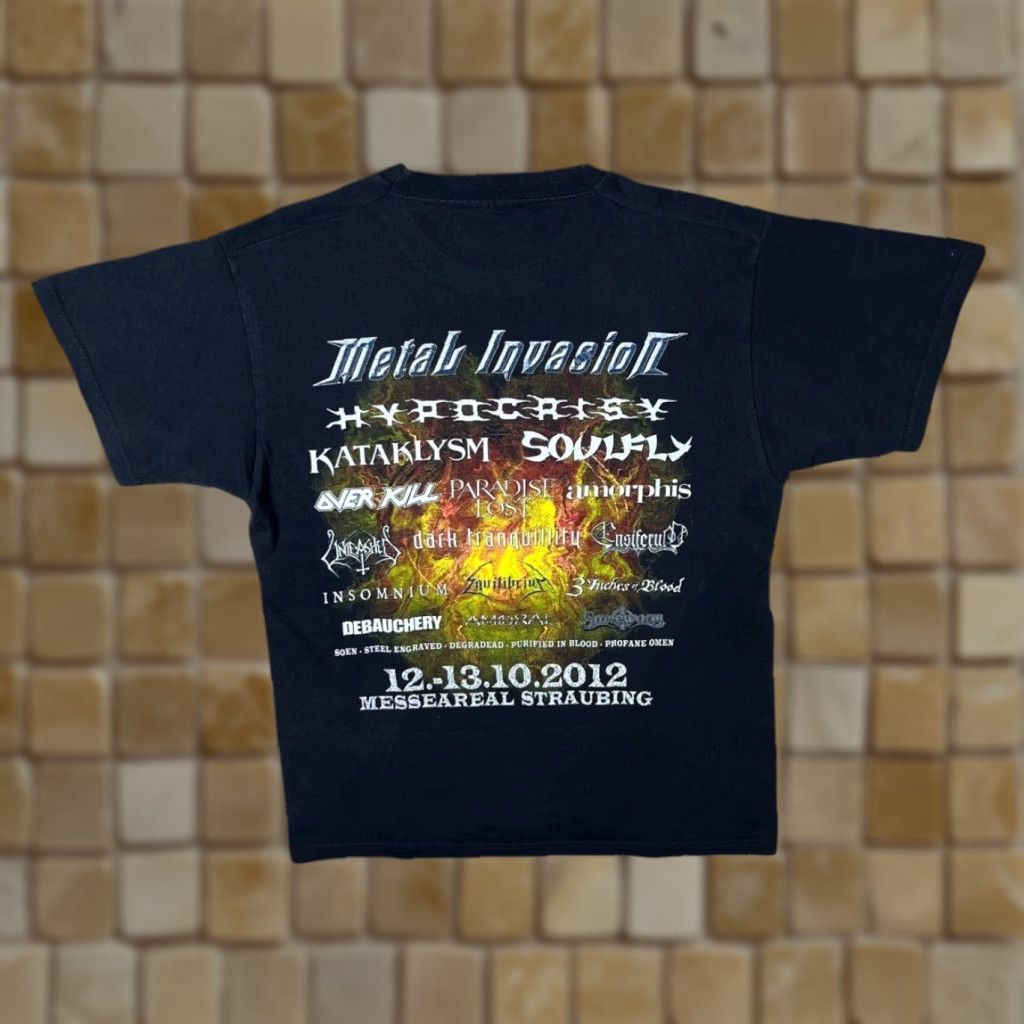 Fruit Of The Loom Metal Invasion 2012 Heavy Metal Band Festival Lineup Black T-Shirt Large Medium Shirt Mens M Cotton Graphic Print Front Back | Fruit of the Loom Size US M / EU 48-50 / 2 - 1 Thumbnail