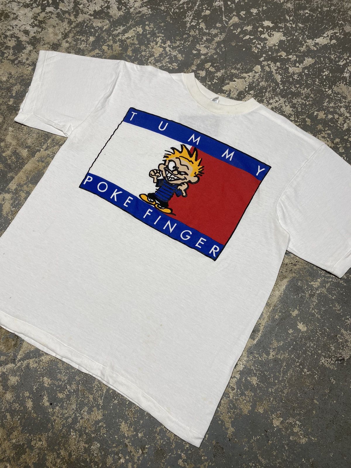 Japanese Brand × Vintage Vintage Tummy Poke Finger Calvin And Hobbes Parody 90 Tshirt Size US L / EU 52-54 / 3 - 2 Thumbnail