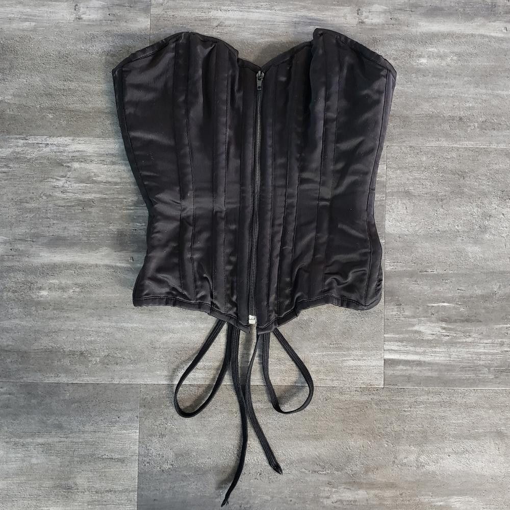 Designer Black Satin CC Double Steel Boned Corset Size ONE SIZE - 2 Thumbnail