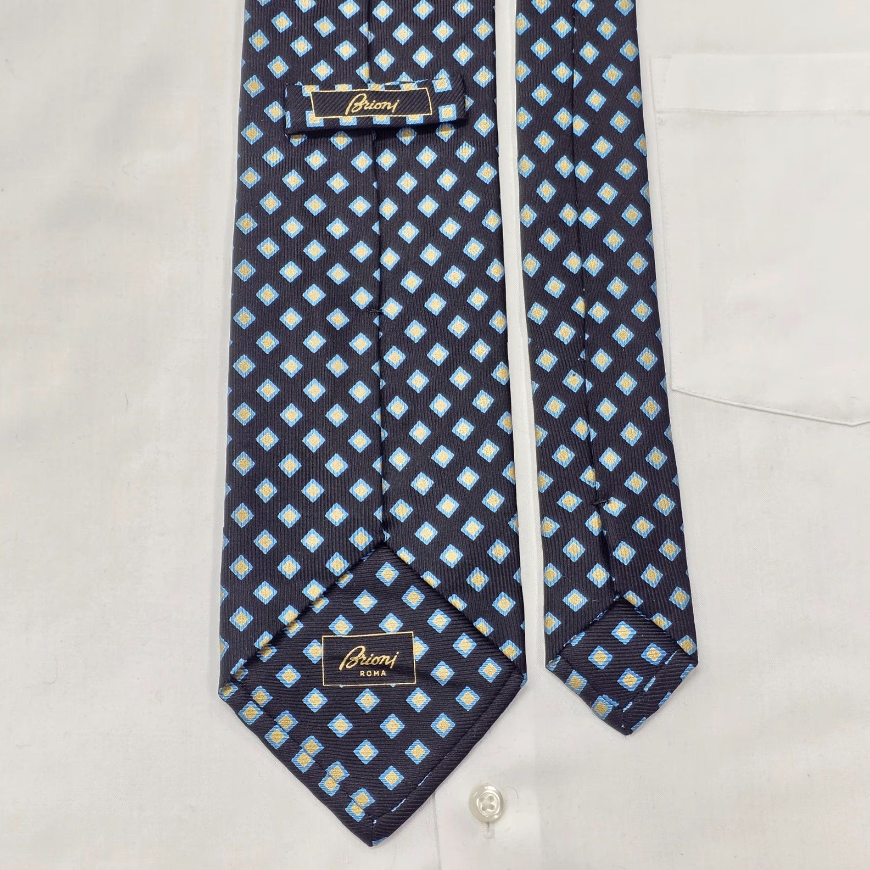 Brioni Brioni Necktie Mens Navy Blue Geometric Pattern 100% Silk Designer Satin Long 62" x 4" Italy Silk Tie - Mens Fashion Gift Size ONE SIZE - 7 Thumbnail