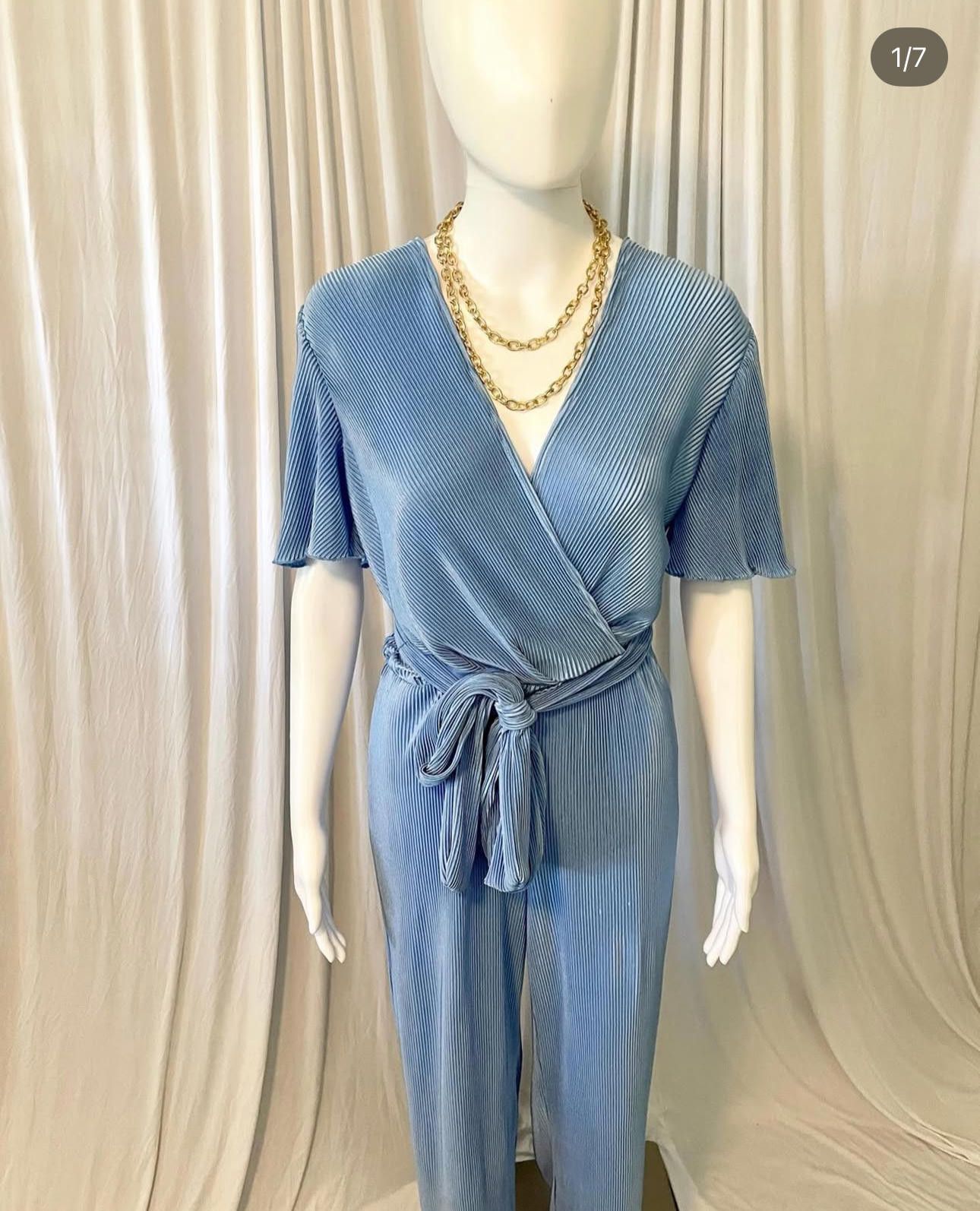 Designer Chic Wrap Jumpsuit in Light Blue - S Size 28" / US 6 / IT 42 - 1 Thumbnail