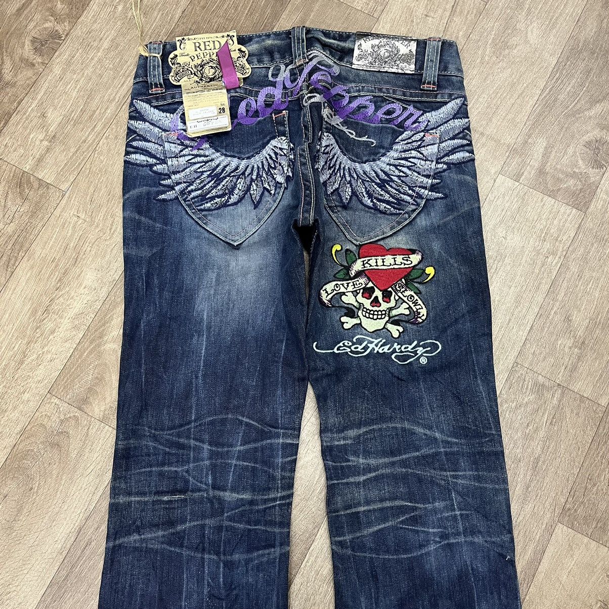 Ed Hardy × Japanese Brand Flare Jeans Red Pepper Jeans Embroidered Boot Cut Denim Size 28" / US 6 / IT 42 - 2 Thumbnail