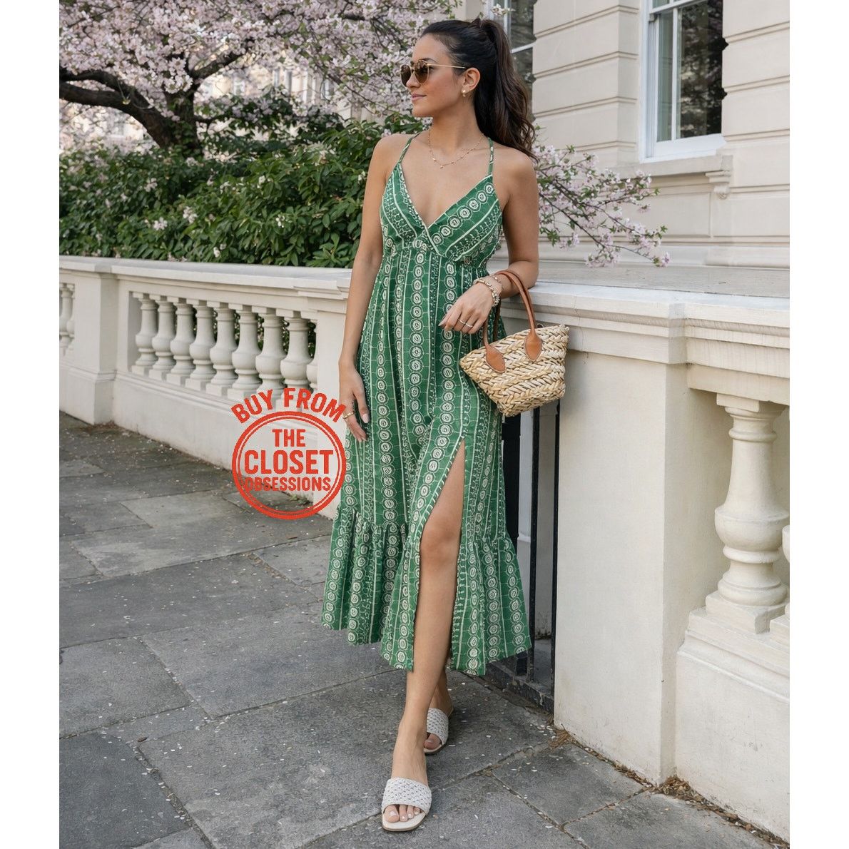 ZARA Green V-Neck Midi Dress NWT