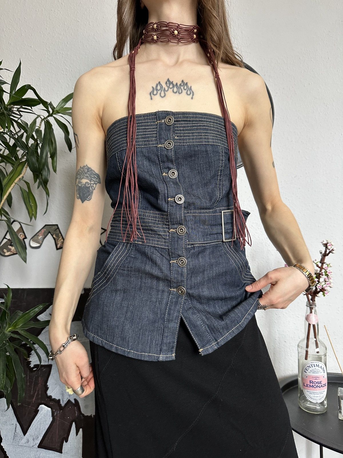Japanese Brand Denim Button Up Bustier Belted Buckle Sexy Top Size XS / US 0-2 / IT 36-38 - 6 Thumbnail