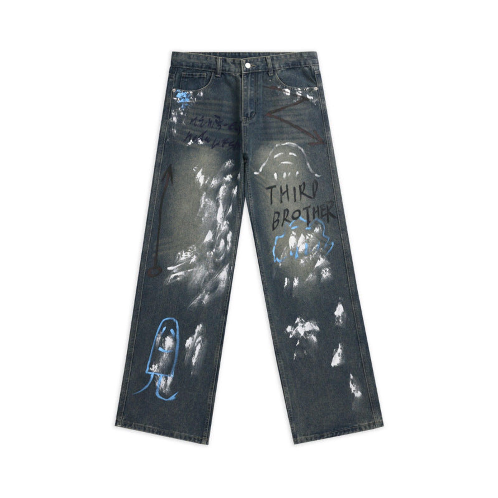 Vintage Blue Relaxed Fit Painted Effect Denim Jeans Size US 32 / EU 48 - 5 Thumbnail