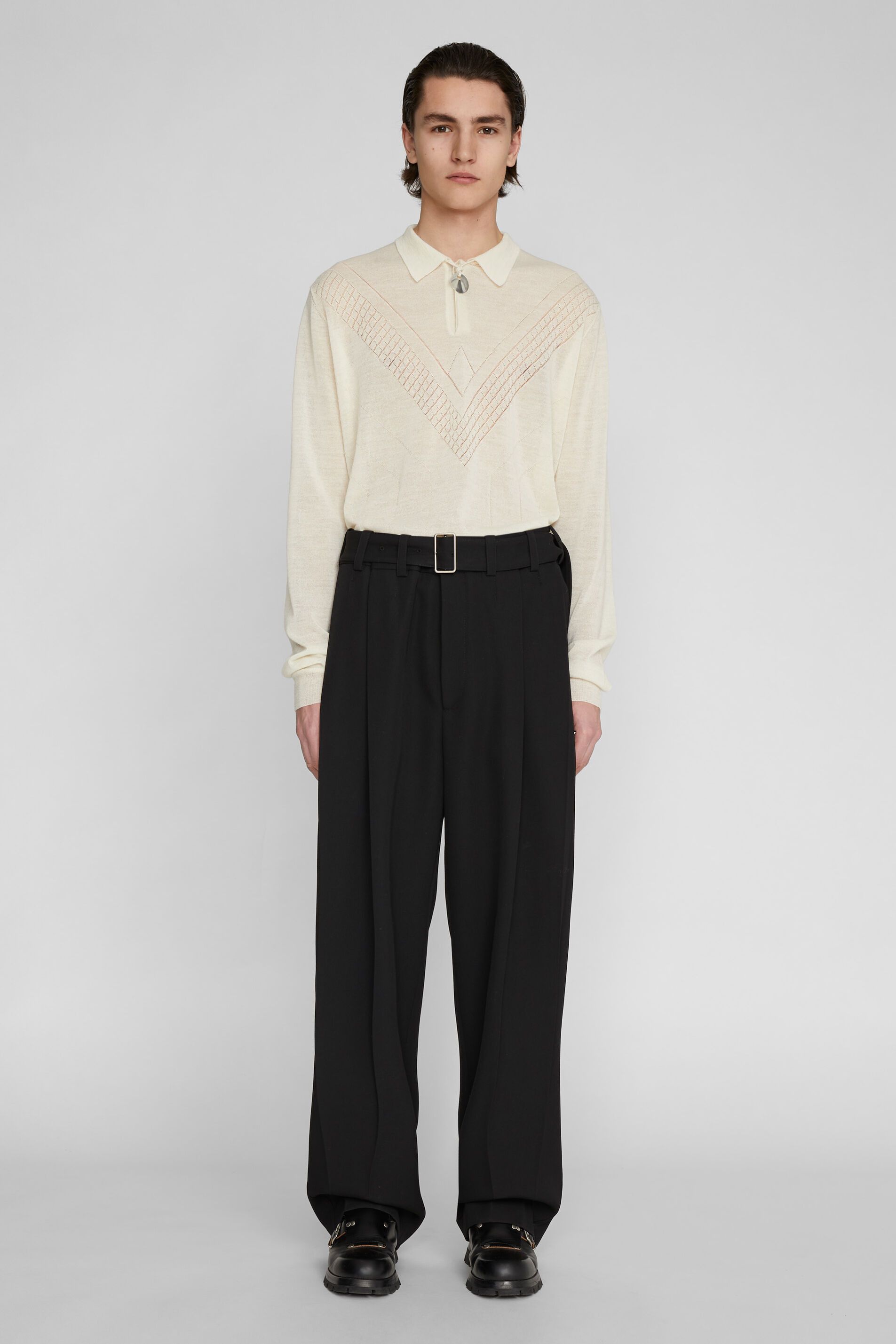 Jil Sander CHEVRON LADDER STITCHED OFF WHITE WOOL POLO SWEATER Size US M / EU 48-50 / 2 - 15 Thumbnail