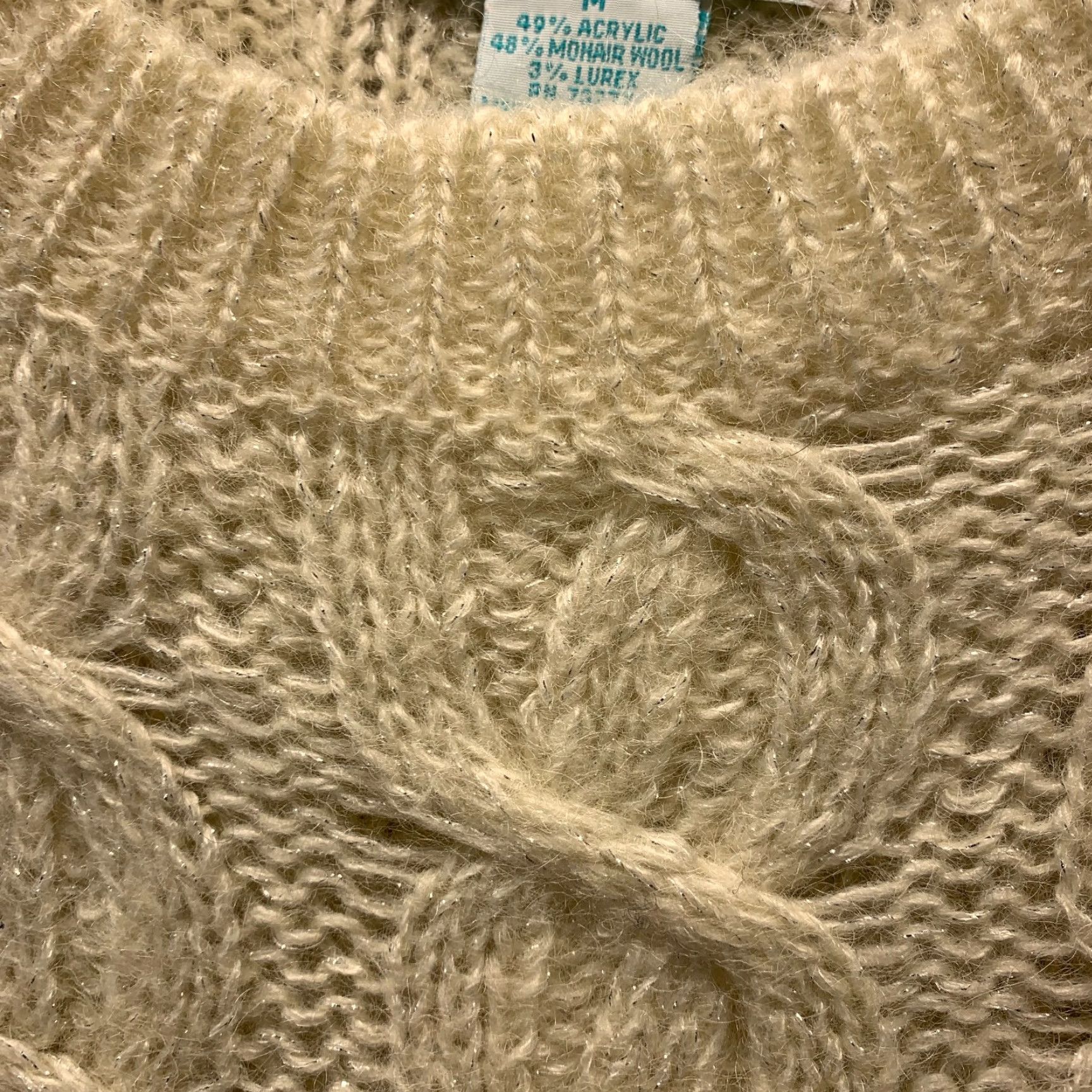 Barrow VINTAGE Croft & Barrow Sweater Womens Medium Ivory Mohair Cable Knit Crew Neck Cardigan 80s Women Size M / US 6-8 / IT 42-44 - 3 Thumbnail