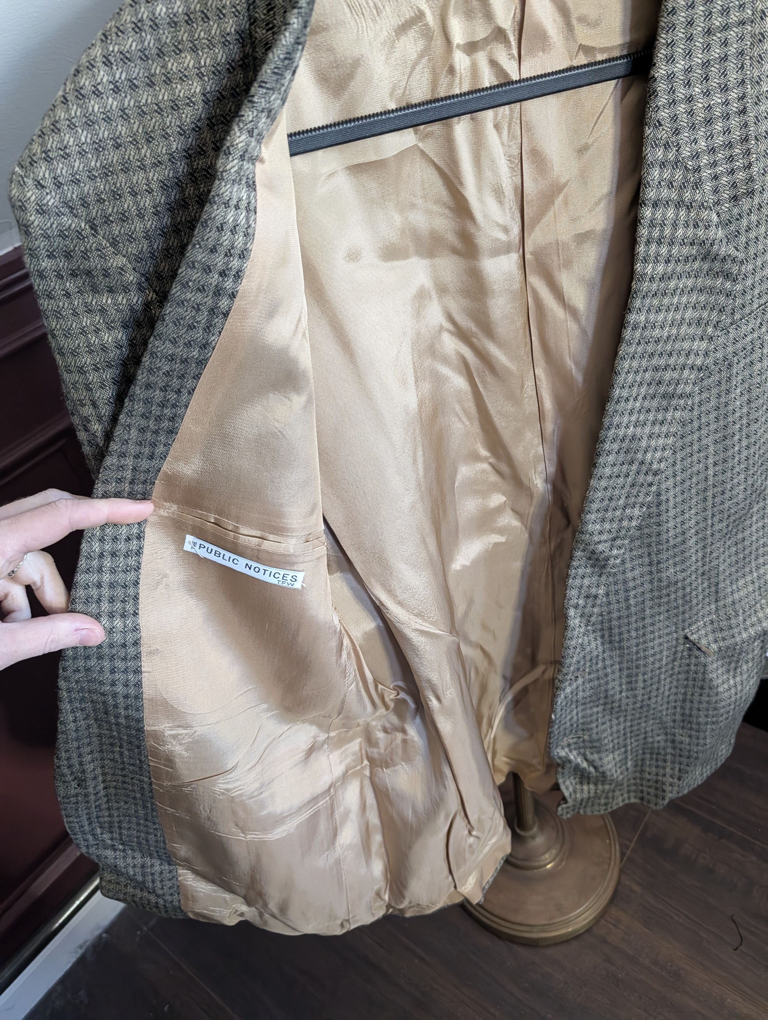 Vintage THE PUBLIC NOTICES Flax Rayon Olive Houndstooth jacket Size 40R - 11 Thumbnail