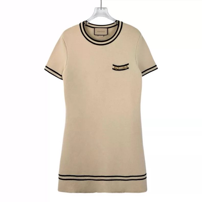 Gucci Beige striped chain wool round-neck short-sleeved dre