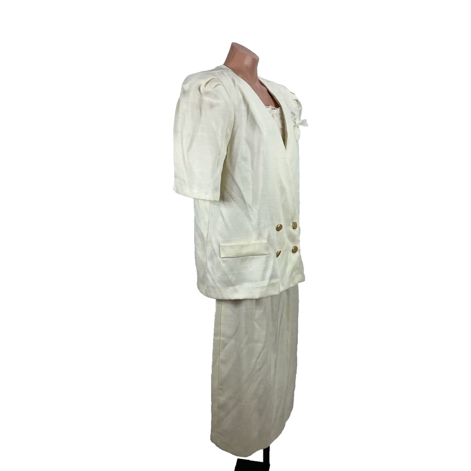 VINTAGE LORAC ORIGINAL Skirt Suit Womens 14 Ivory Linen Like Puffy Shoulder UNIONMADE Secretary/Geek 1980s