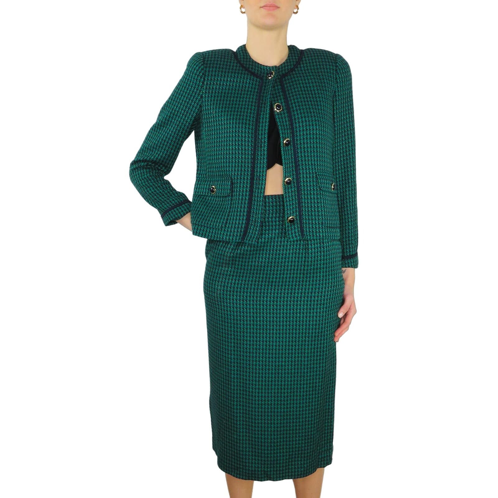 Vintage Vintage Emerald Green Plaid Tweed Skirt Suit Small Size S / US 4 / IT 40 - 1 Thumbnail