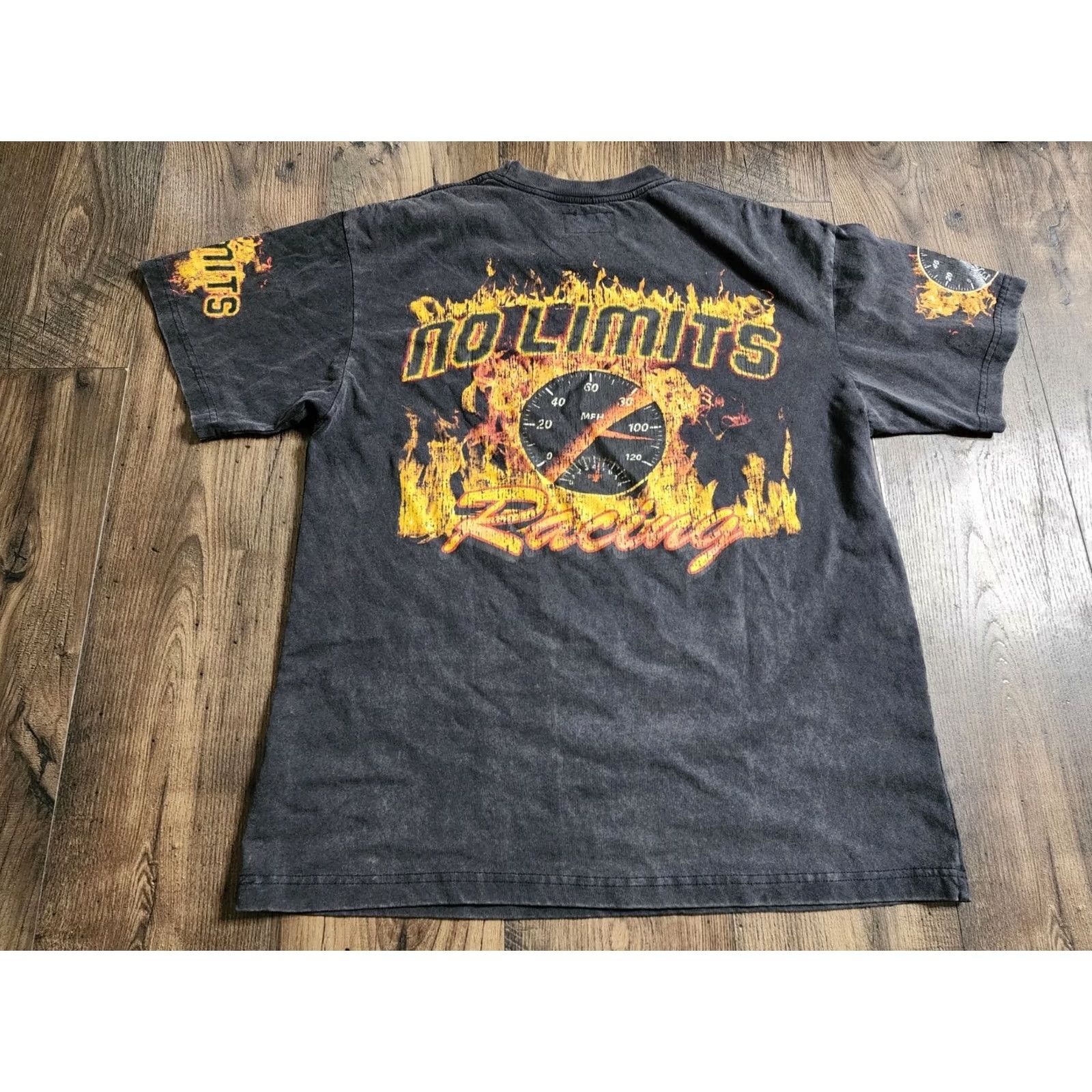 Pacsun Mens PacSun No Limits Racing Flames Oversized T Shirt All Over Print AOP Black Cotton Crew Neck Short Sleeve Logo Graphic Print L Mens Size US L / EU 52-54 / 3 - 4 Thumbnail