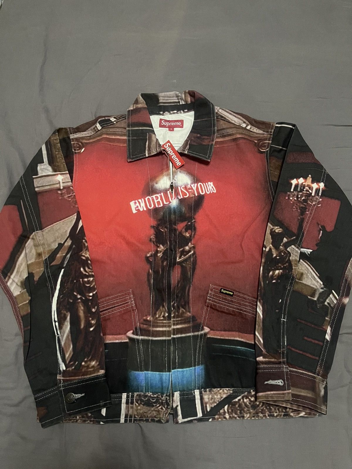 image of Supreme Scarface The World Is Yours Denim Trucker Jacket in Red, Men's (Size Small)