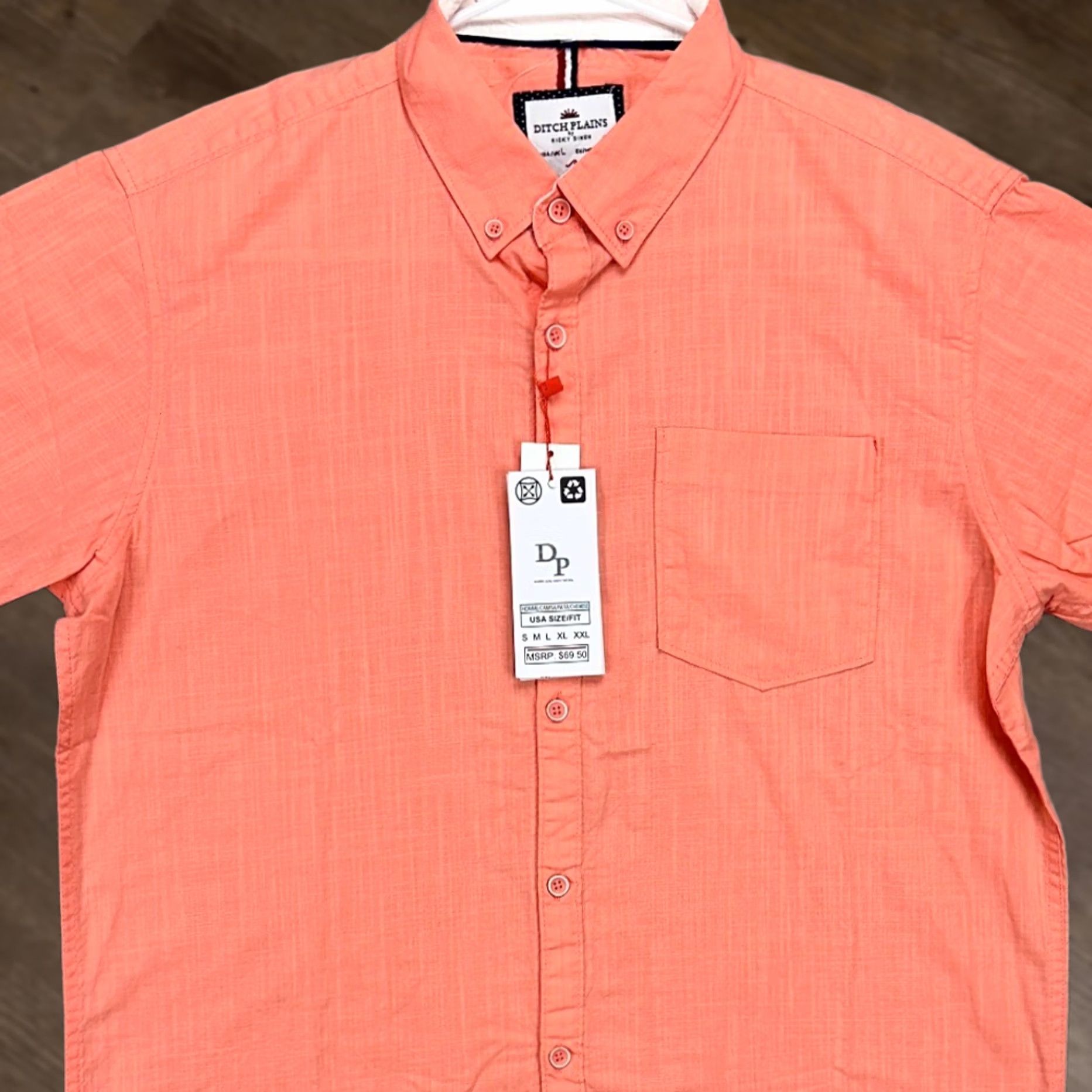 Pinko Ditch Plains Button-Down Shirt Mens Large Salmon Pink Short Sleeve Size US L / EU 52-54 / 3 - 1 Thumbnail
