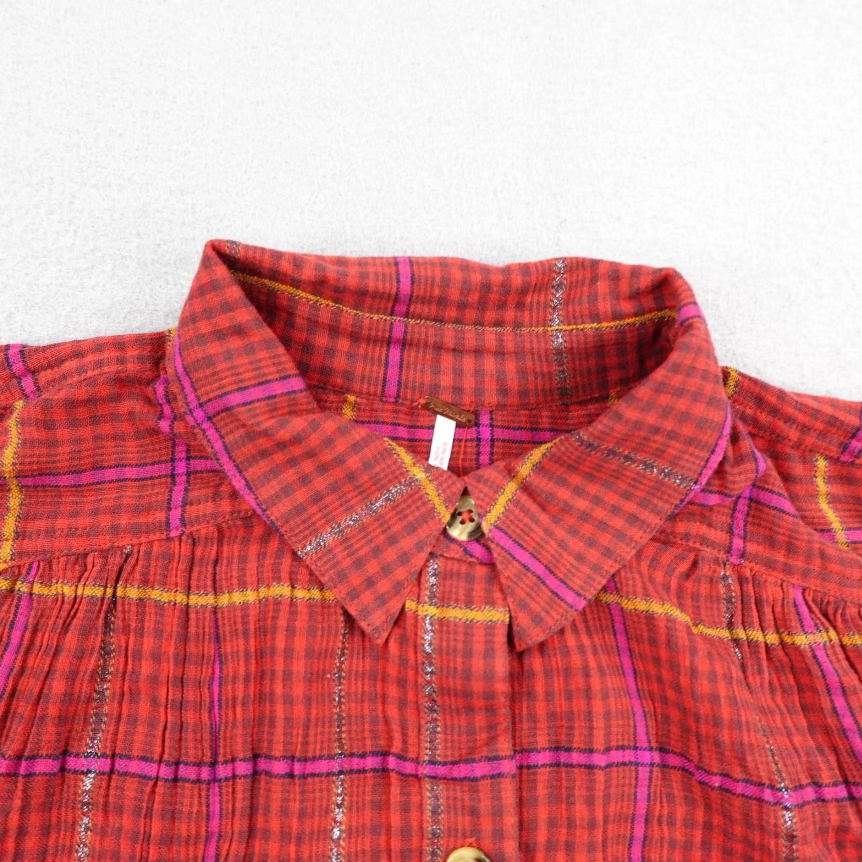 Free People Free People Shirt Womens XS Red Break My Stride Oversized Button Up Top Metallic Size XS / US 0-2 / IT 36-38 - 2 Thumbnail