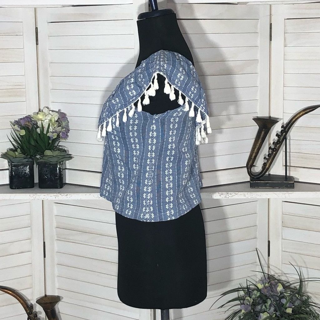 Vintage Y2K crop top boho blue white fringes embroidered ruffled S Size S / US 4 / IT 40 - 4 Thumbnail