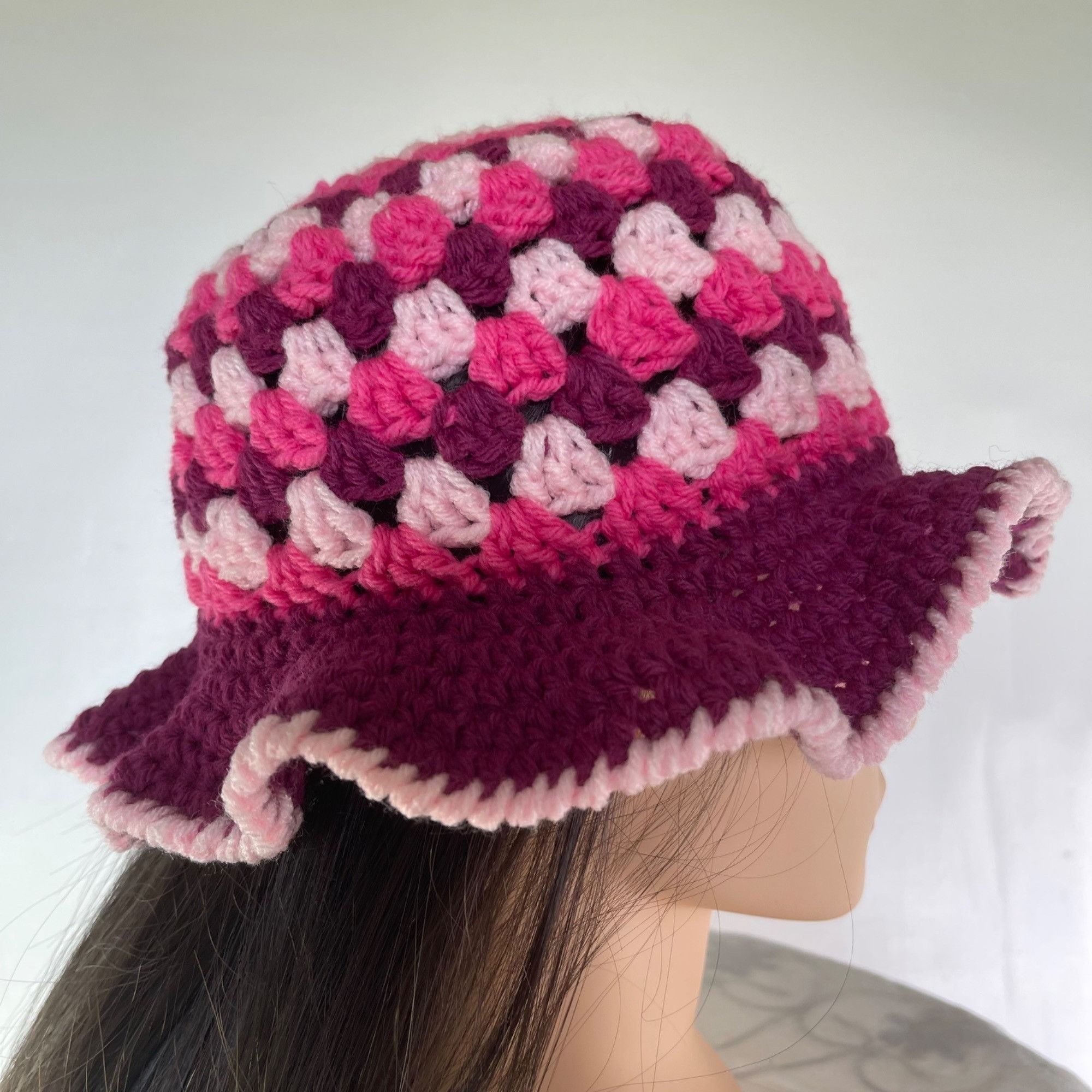Handmade Crochet Bucket Hat Granny Square Pattern Burgundy and Pinks Size ONE SIZE - 3 Thumbnail