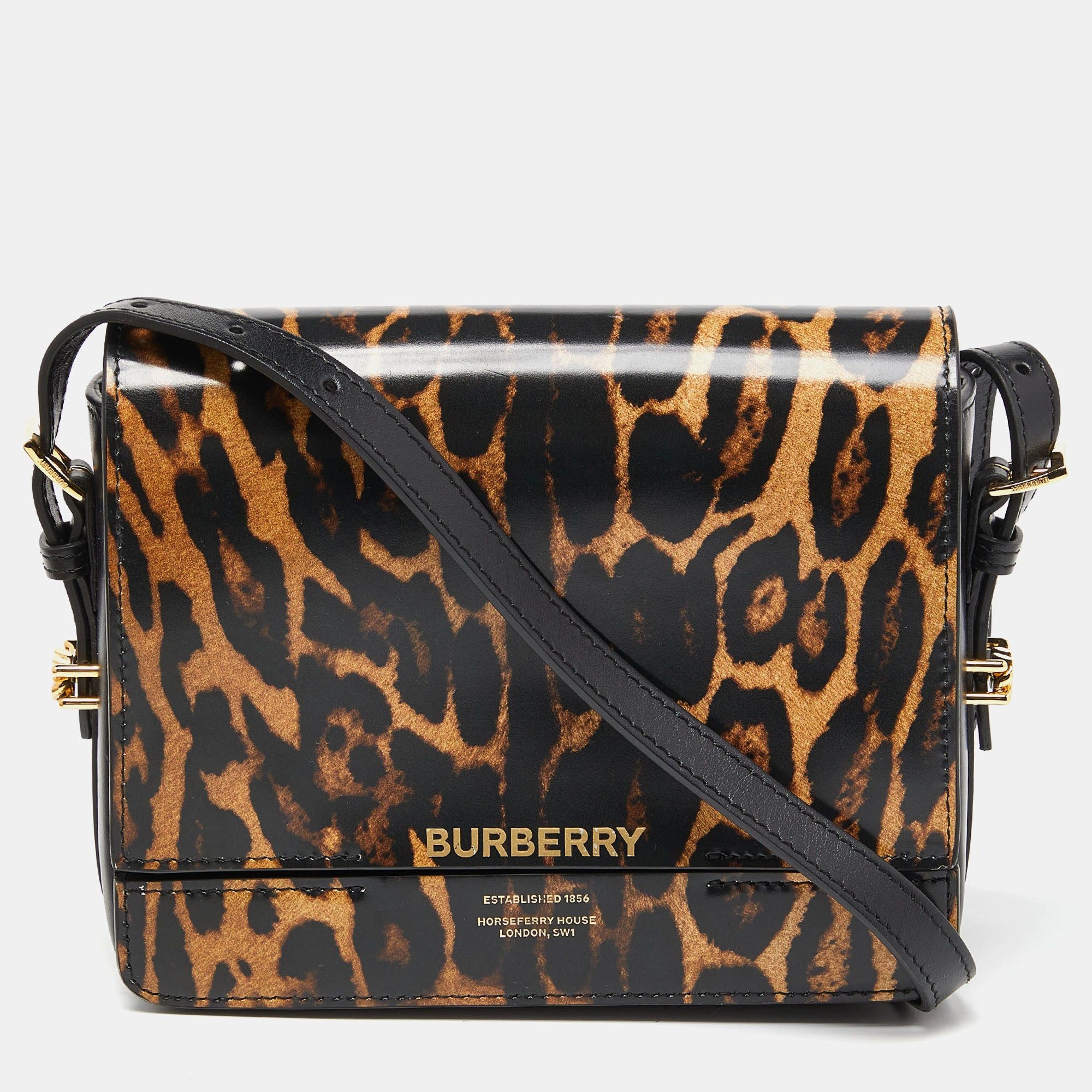 image of Burberry Black/beige Leopard Print Leather Small Grace Crossbody Bag, Women's