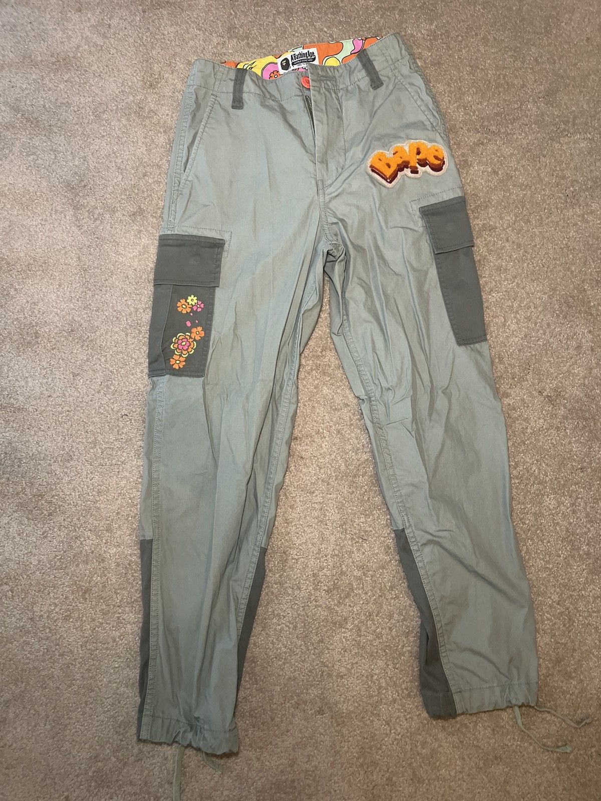 image of Bape Abc Camo Flower Patchwork 6 Pocket Pants in Olive, Women's (Size 24)