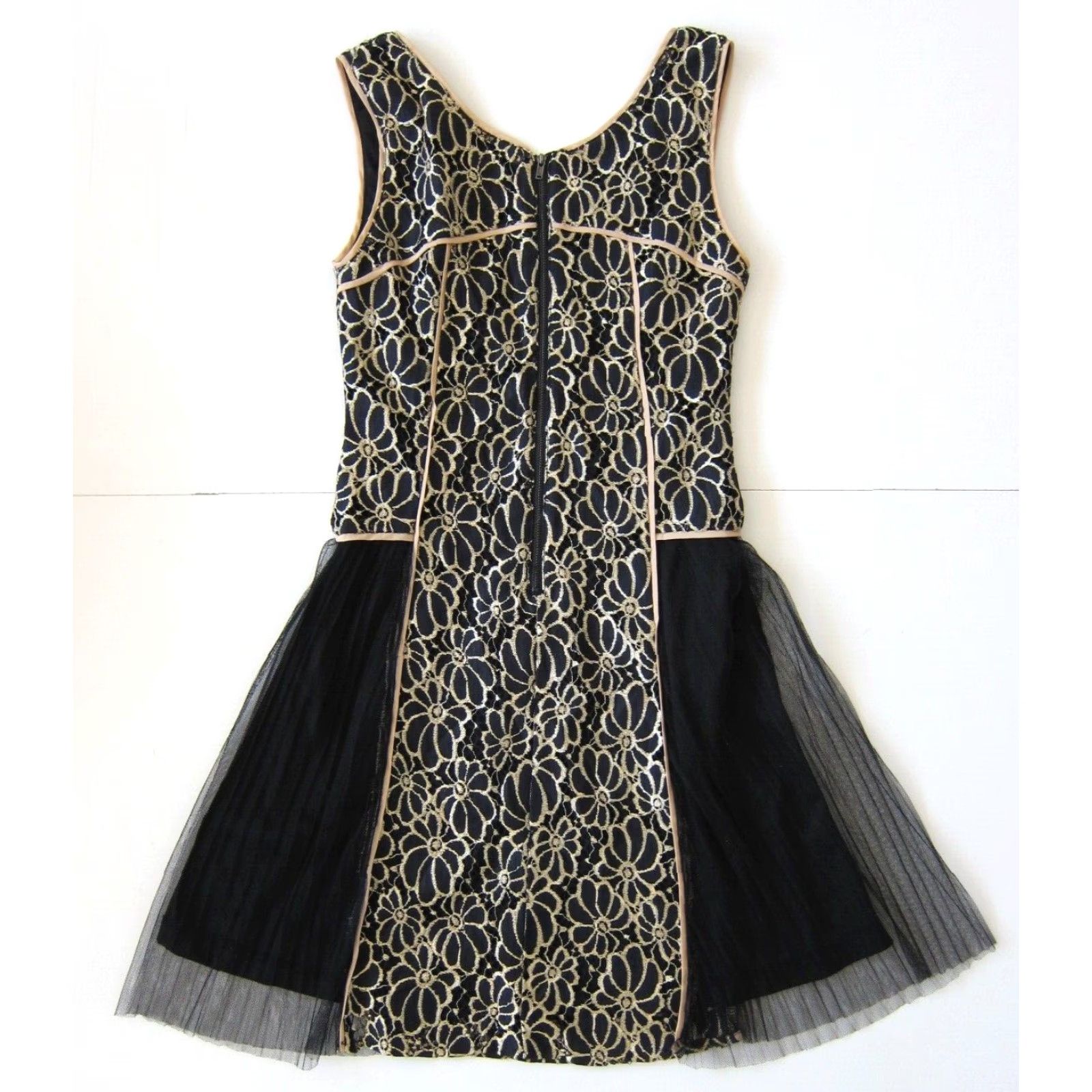 Anthropologie VINTAGE A'reve Anthropologie Black Gold Lace Floral Boho Romantic A-Line Tank Dress S Size S / US 4 / IT 40 - 2 Thumbnail