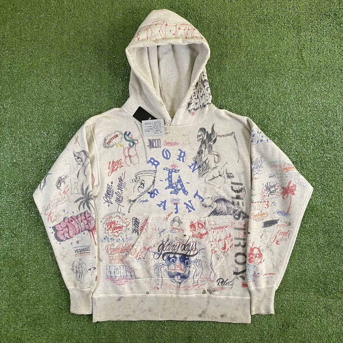 image of Saint Michael Born X Raised Graffiti Hoodie in Offwhite, Men's (Size Small)