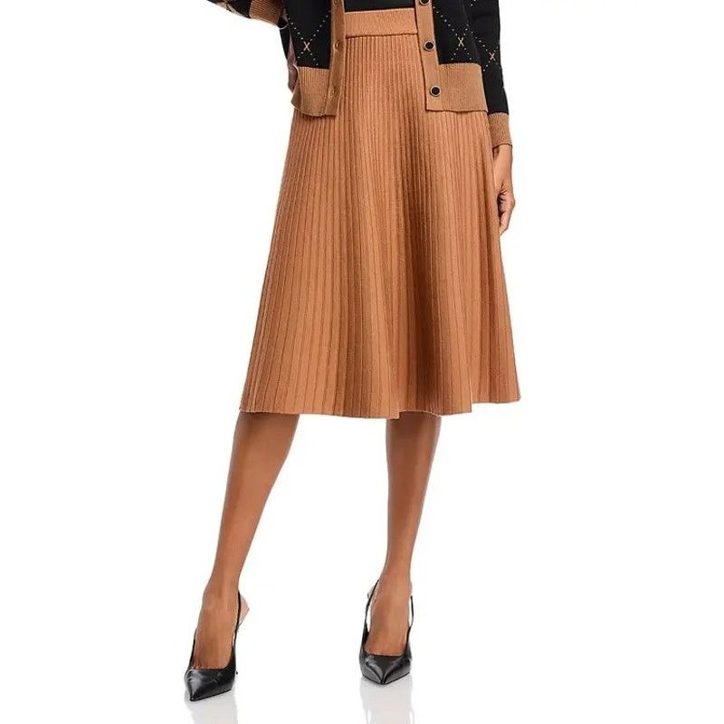 The Unbranded Brand Nancy Yang Women Brown Ribbed Knit A-line Midi Skirt Size L Size 34" / US 12 / IT 48 - 1 Thumbnail