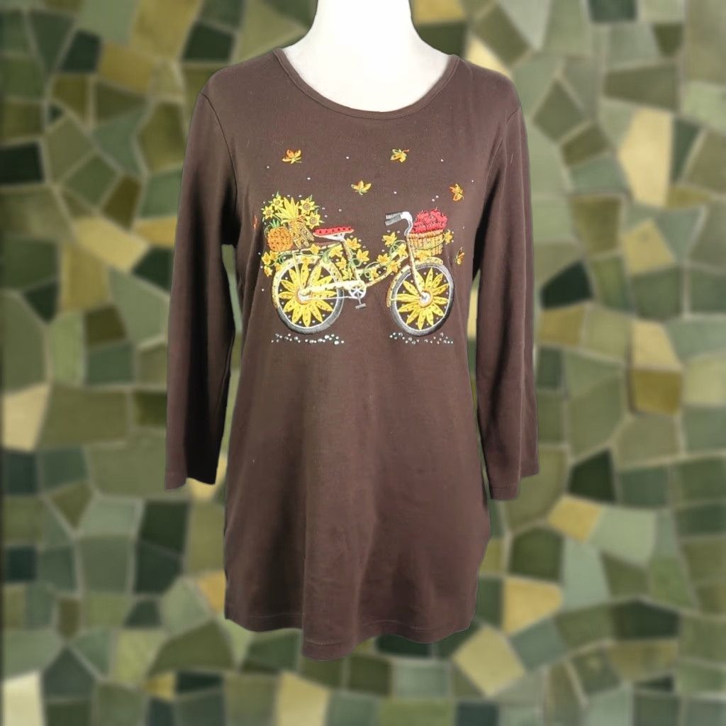 Quacker Factory VINTAGE Quacker Factory Brown Bicycle Embroidered Rhinestone Long Sleeve Tee XS Size XS / US 0-2 / IT 36-38 - 1 Thumbnail