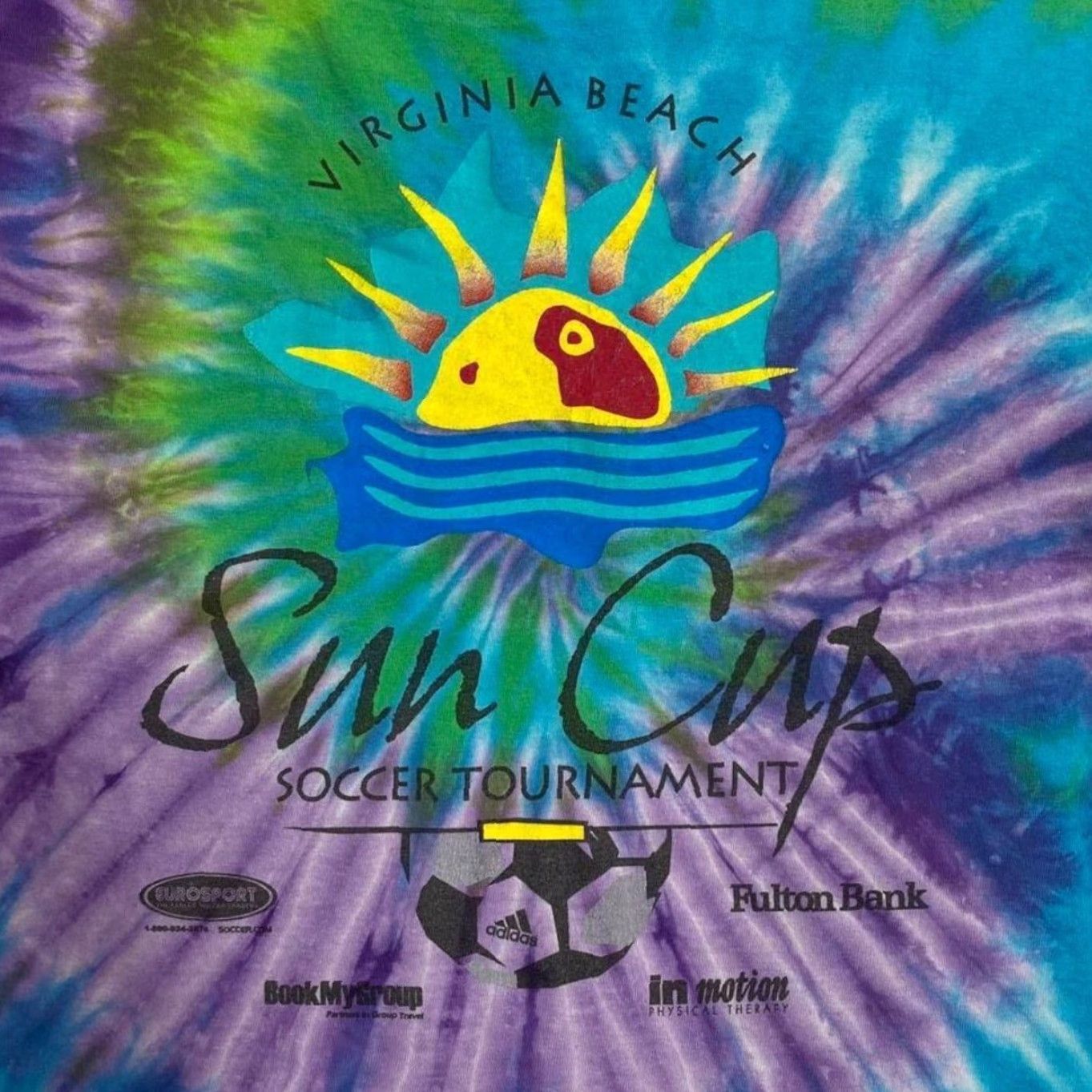 Gildan Virginia Beach “Sun Cup” Soccer Tournament Souvenir Spiral Tie Dye T-Shirt Shirt Men S Colorful Multicoloured Graphic Print Front Back Size US S / EU 44-46 / 1 - 4 Thumbnail