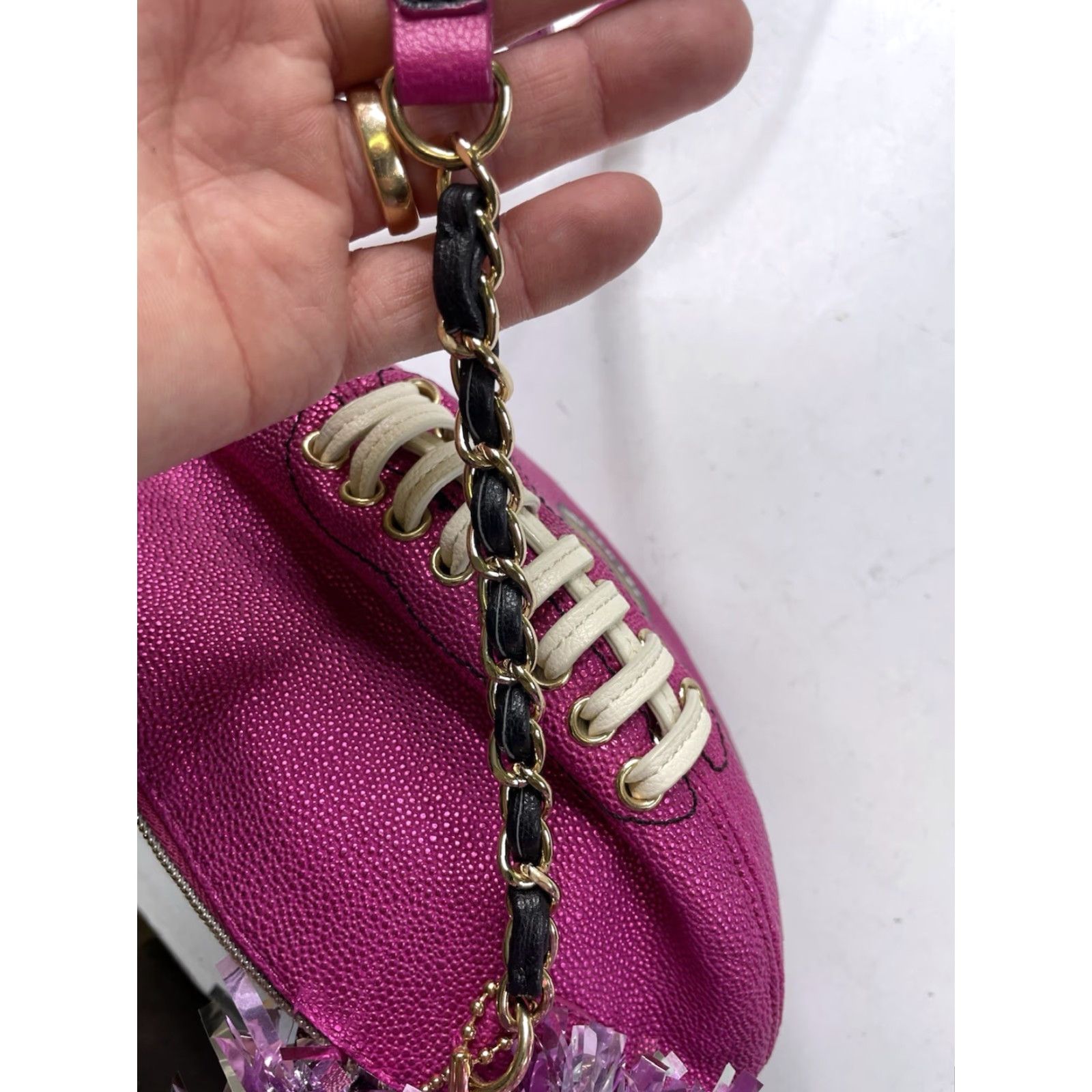 Betsey Johnson Betsey Johnson What a score! Crossbody Football Pink Pom Pom Purse bag Women Pink Faux Leather Crossbody Bag Size ONE SIZE - 7 Thumbnail