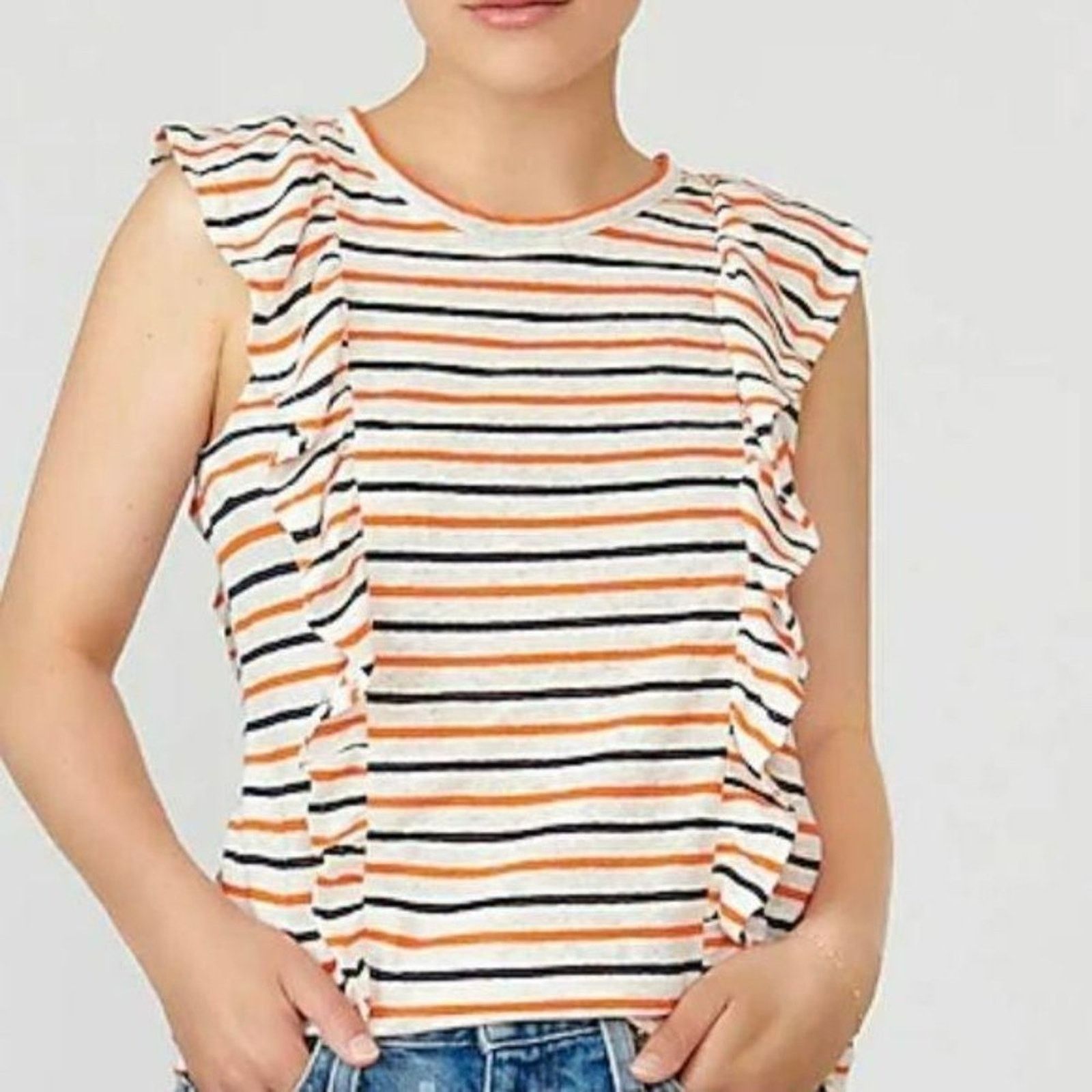 J.Crew J. Crew Top Ruffle Tank Blue Orange Striped Linen Medium Size M / US 6-8 / IT 42-44 - 7 Thumbnail