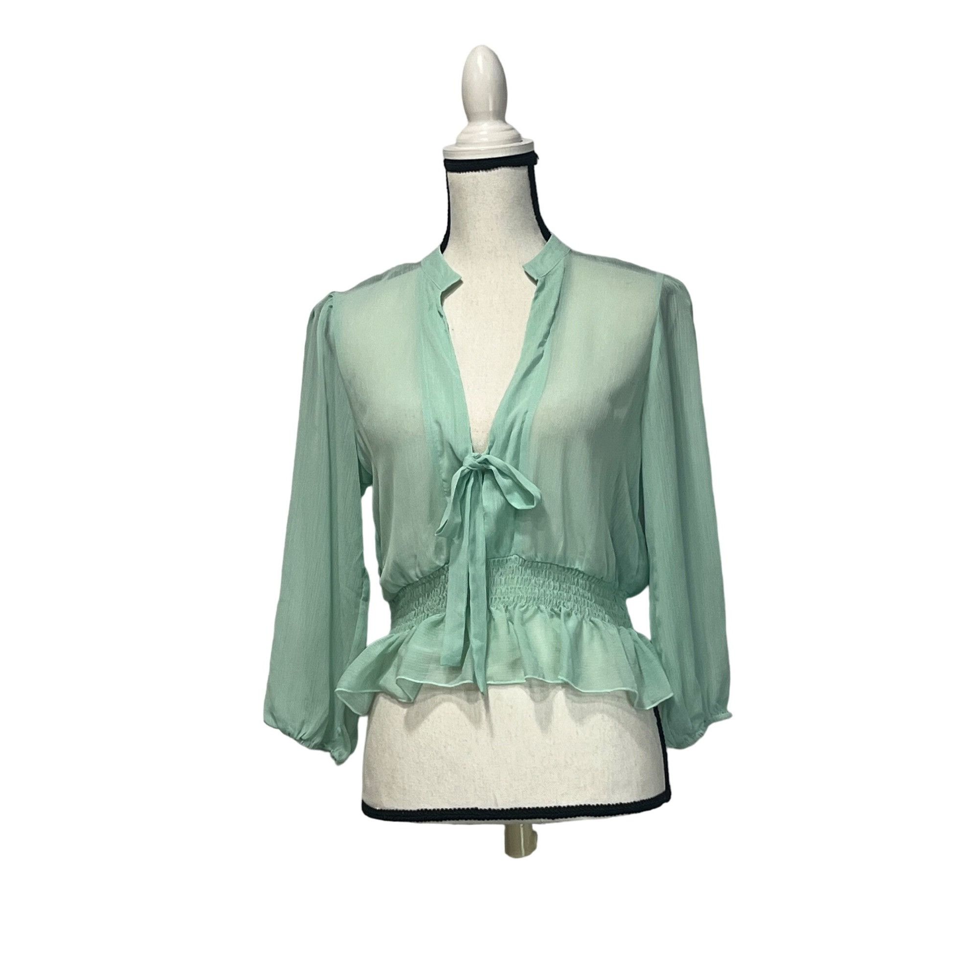 Other Asos Design Shirred Waist Sheer Long Sleeve Blouse, Mint gre Size XS / US 0-2 / IT 36-38 - 3 Thumbnail