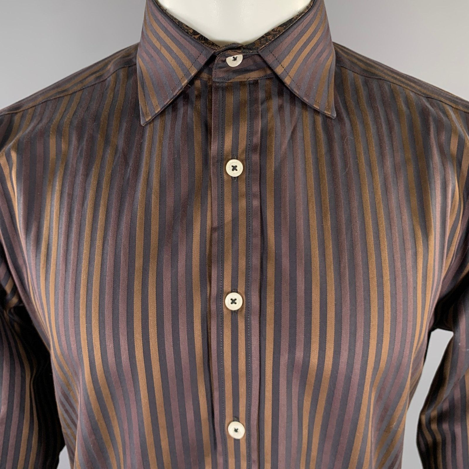 English Laundry S Brown Black Stripe Cotton Spread Collar L/S Shirt Size US S / EU 44-46 / 1 - 2 Thumbnail