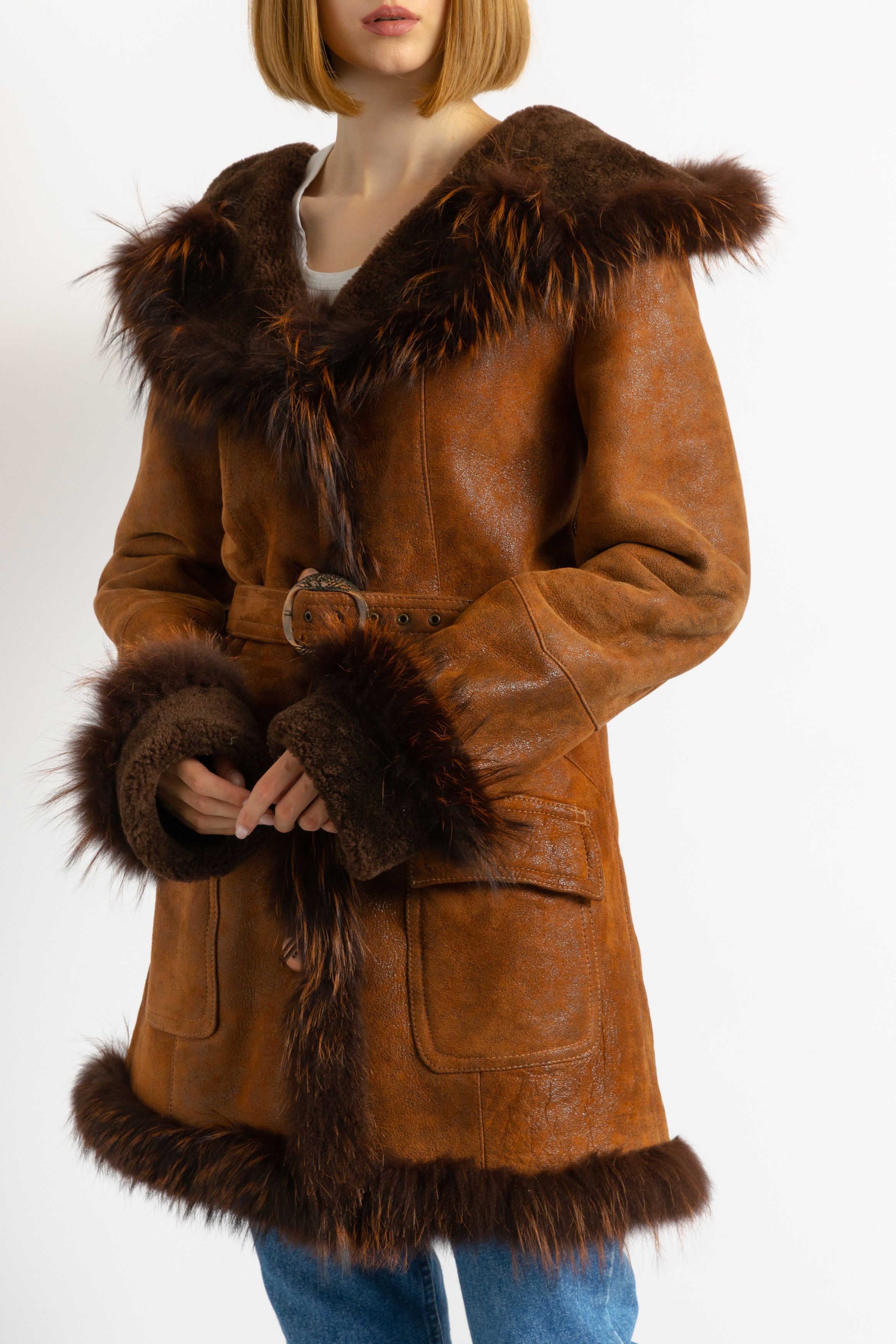 Vintage Suede Sheepskin Leather Shearling Coat 8703 Size M / US 6-8 / IT 42-44 - 4 Thumbnail