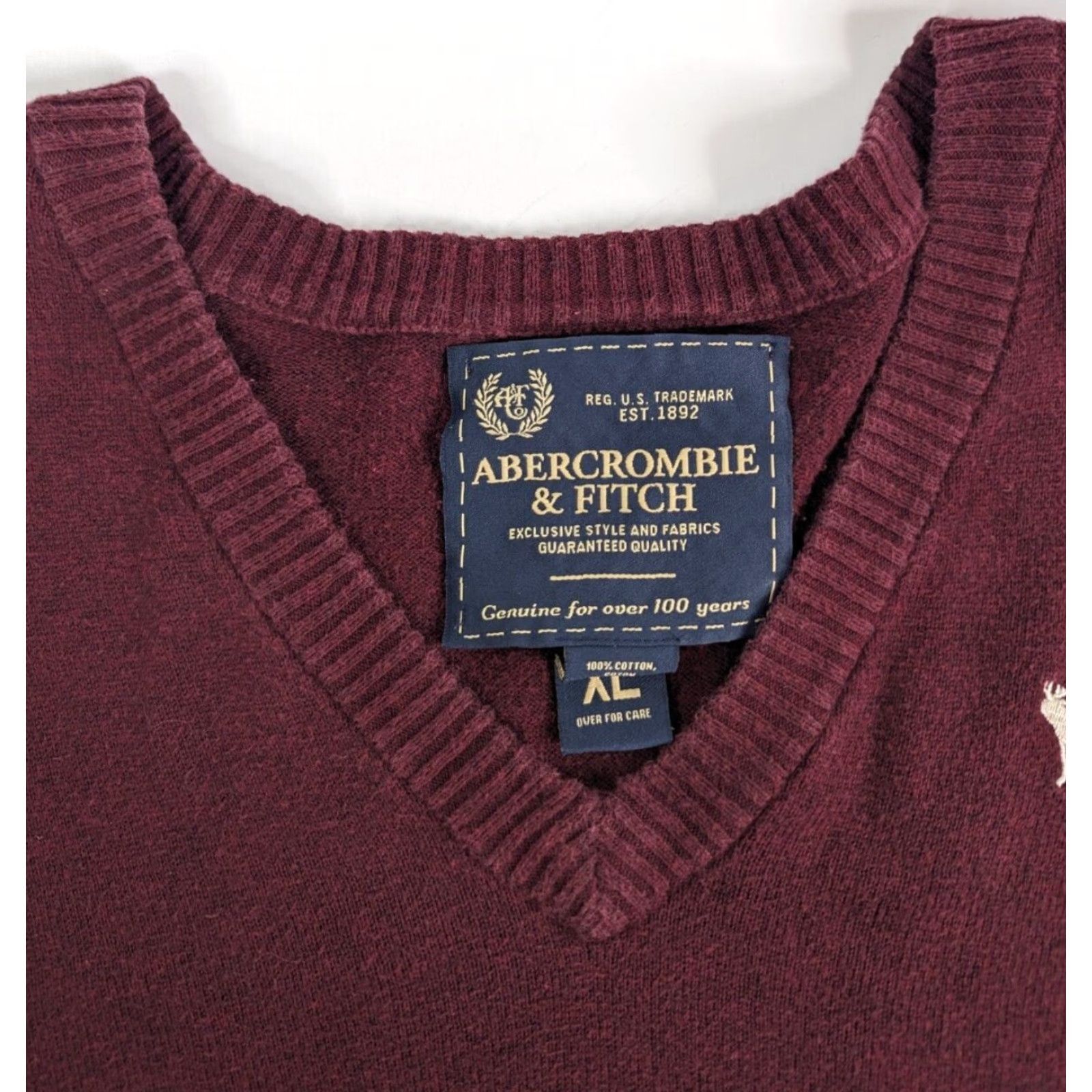 Abercrombie & Fitch Abercrombie & Fitch Sweater Pullover V-Neck Long Sleeve Men's XL 100% Cotton Burgundy Red Knit Classic All Seasons Size US XL / EU 56 / 4 - 7 Thumbnail