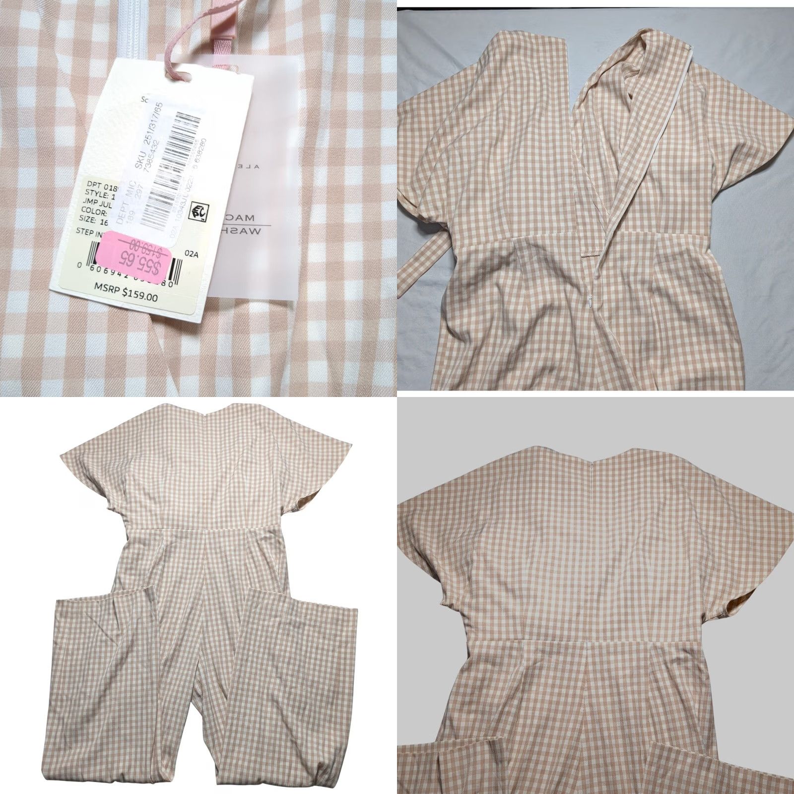 Vintage Alex Marie Jumpsuit Gingham Wide-Leg Women 16 Beige Flutter Sleeve V-Neck Belted Tie Inseam 30in Short Sleeve Vintage? No Size 38" / US 16 / IT 52 - 8 Thumbnail