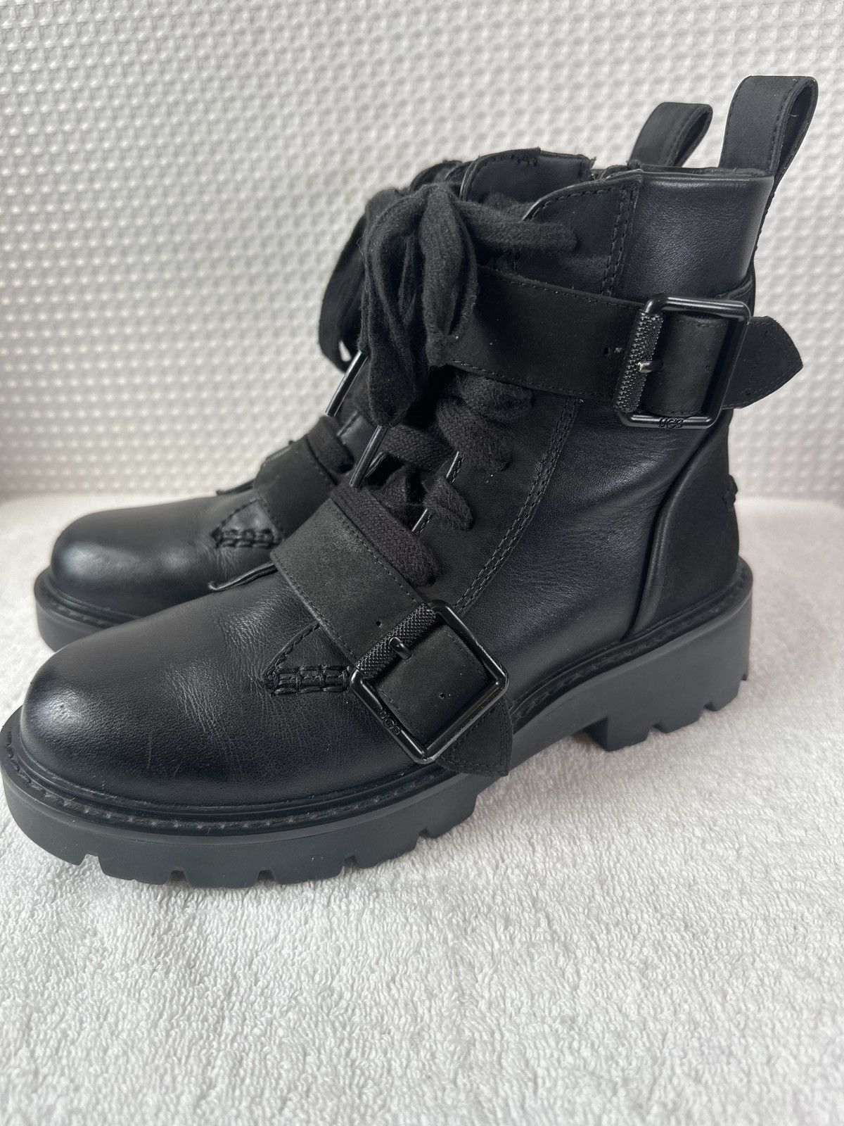 Ugg UGG Noe Black Leather Calf Hair Moto Combat Boots Size US 6 / IT 36 - 2 Thumbnail