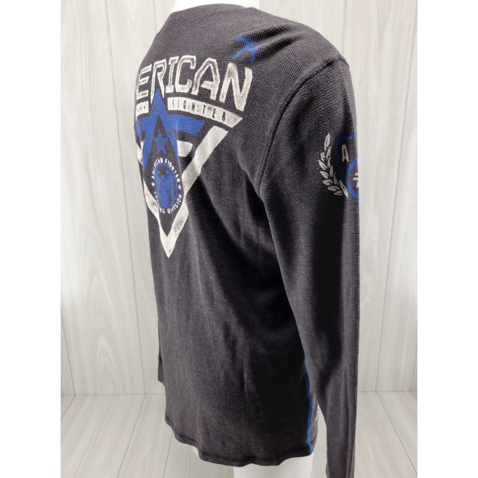 Vintage VINTAGE American Fighter Shirt Long Sleeve Thermal Mens XL Gray Blue MMA Y2k 90s Mens Shirt Size US XL / EU 56 / 4 - 5 Thumbnail